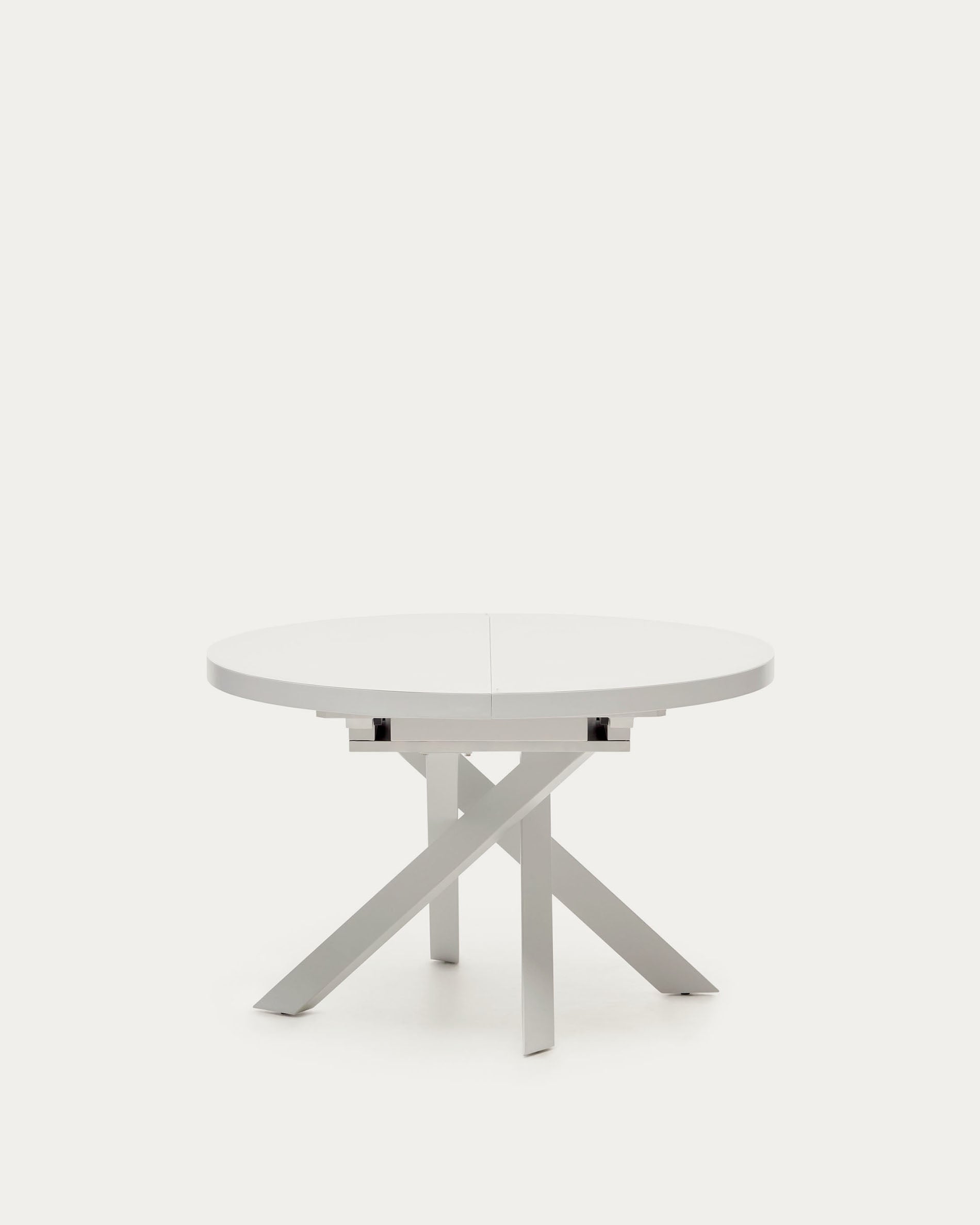Vashti extendable round table in glass and MDF with steel legs in white, Ø 120(160)x120cm - Product View