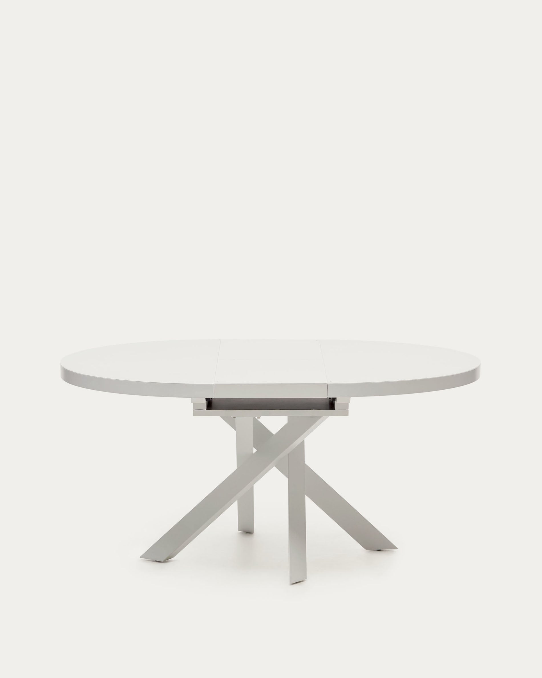 Vashti extendable round table in glass and MDF with steel legs in white, Ø 120(160)x120cm - Product View