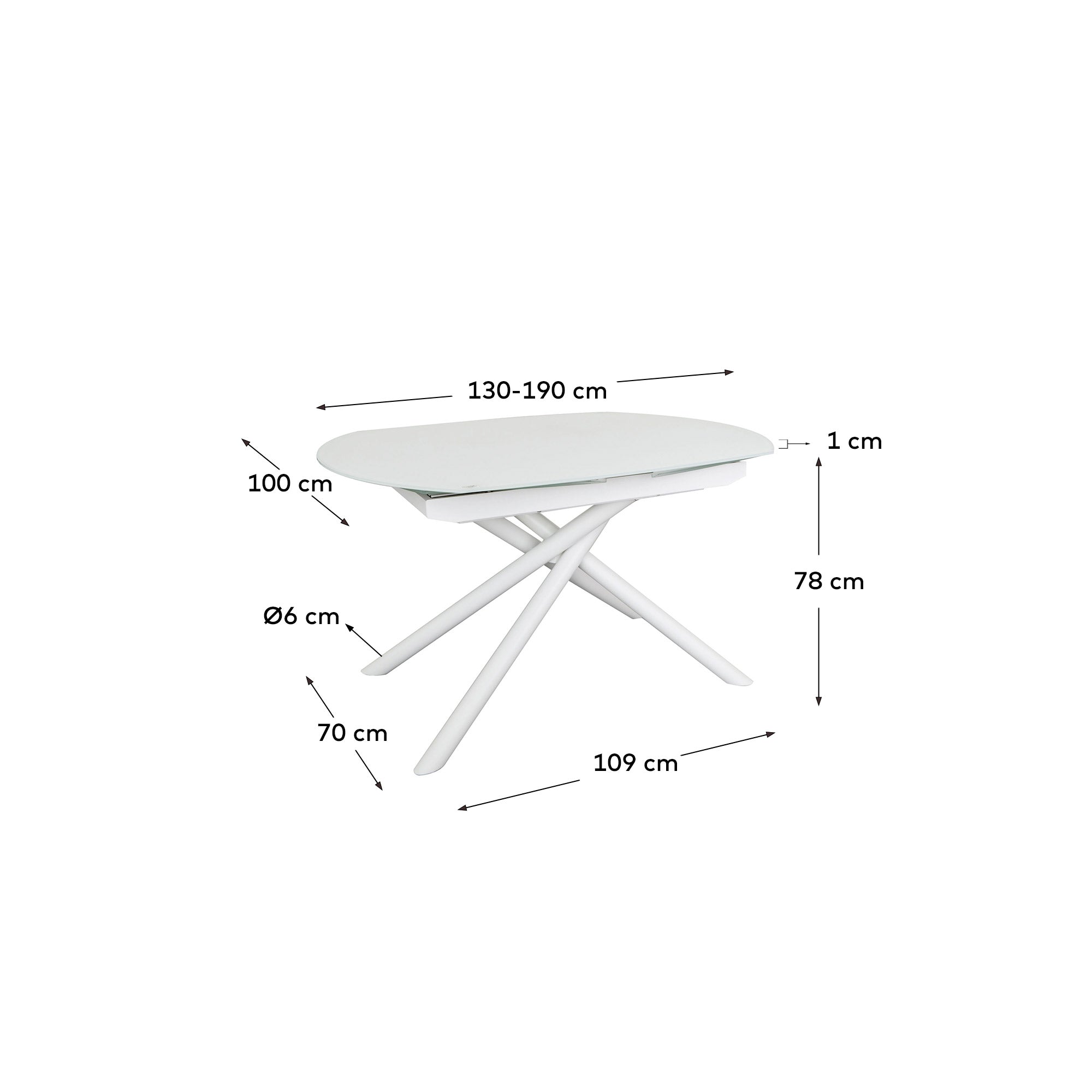 Yodalia extendable round table in glass and MDF with steel legs in white, 130 (190) x 100 cm - Measurements