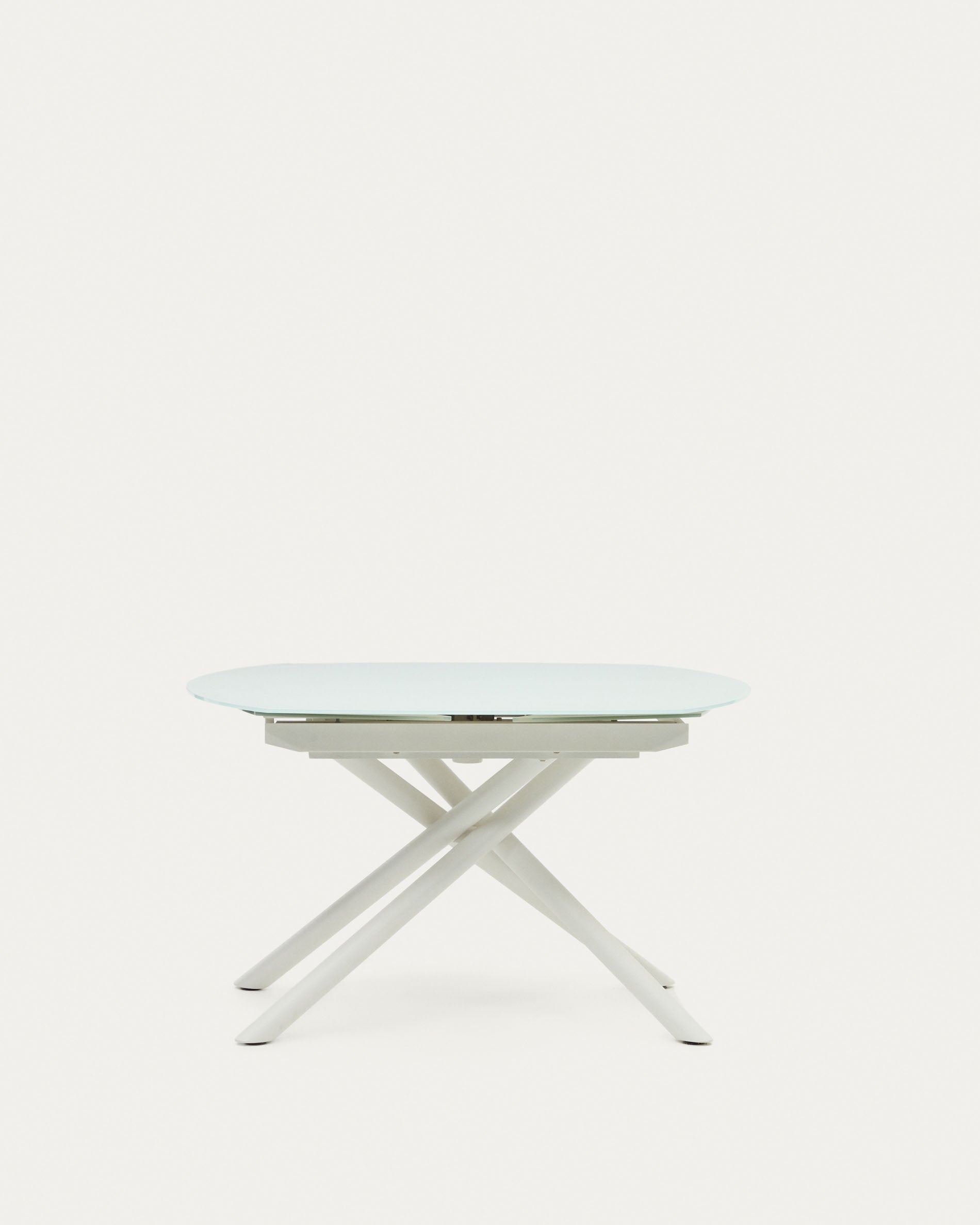Yodalia extendable round table in glass and MDF with steel legs in white, 130 (190) x 100 cm - Product View