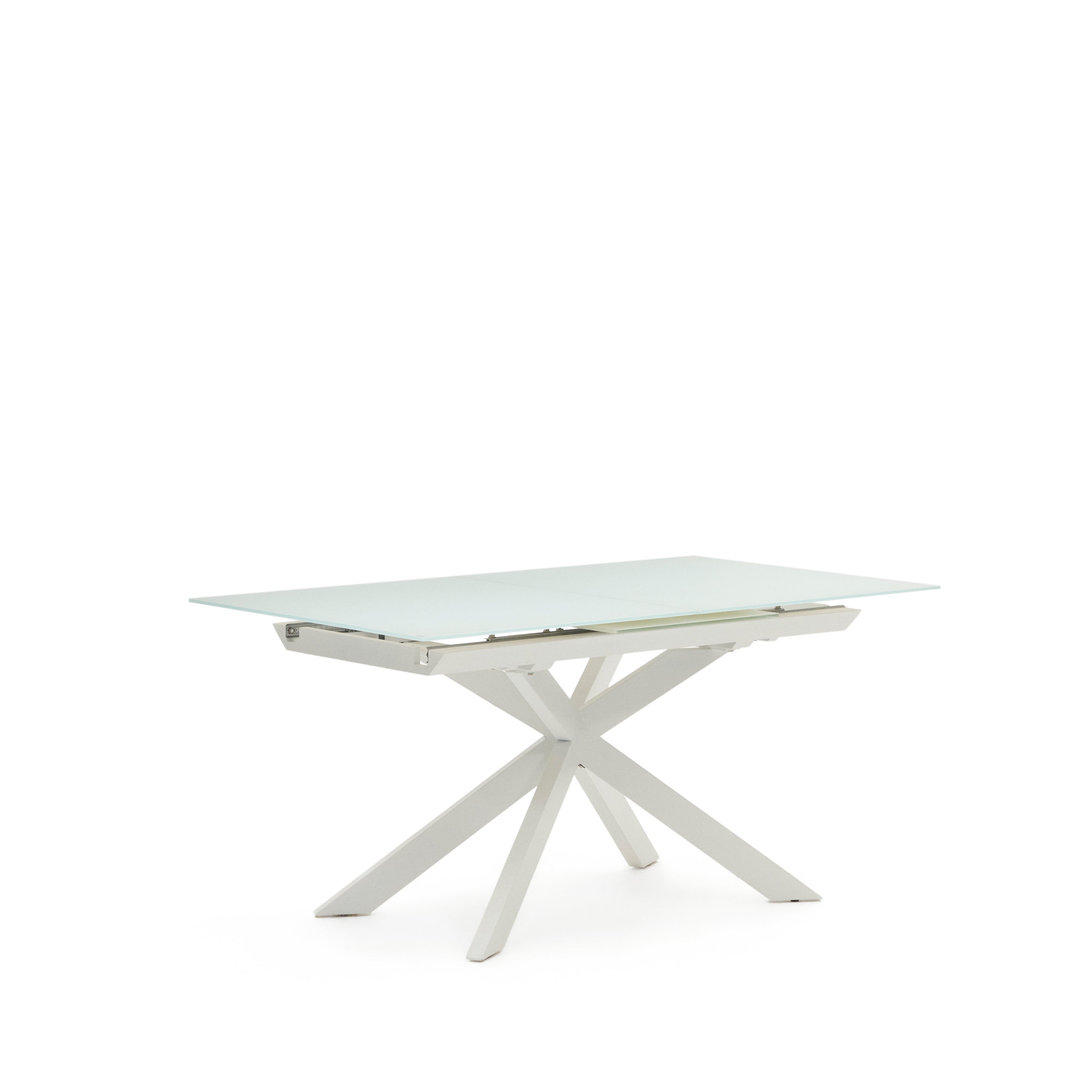 Atminda extendable table in glass and MDF with steel legs in white, 160 (210) x 90 cm - Product Image