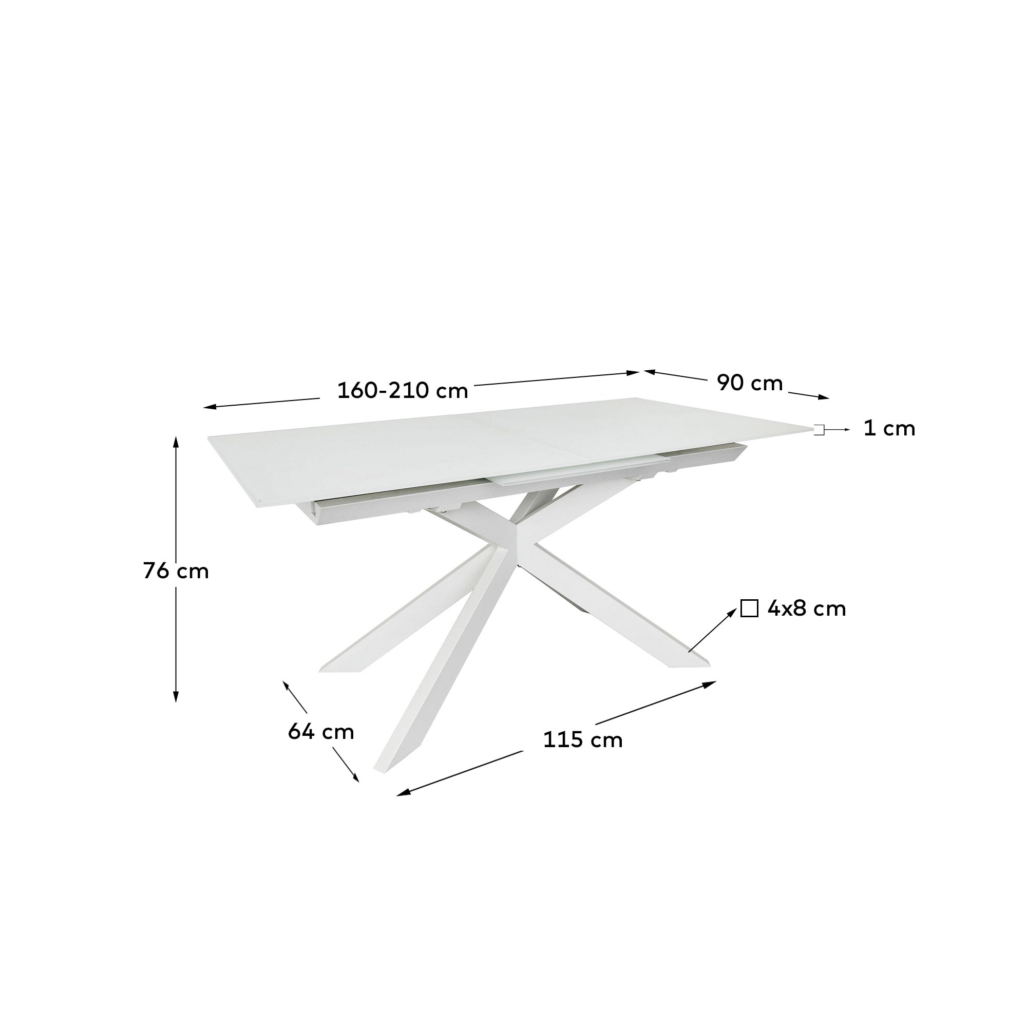Atminda extendable table in glass and MDF with steel legs in white, 160 (210) x 90 cm - Measurements
