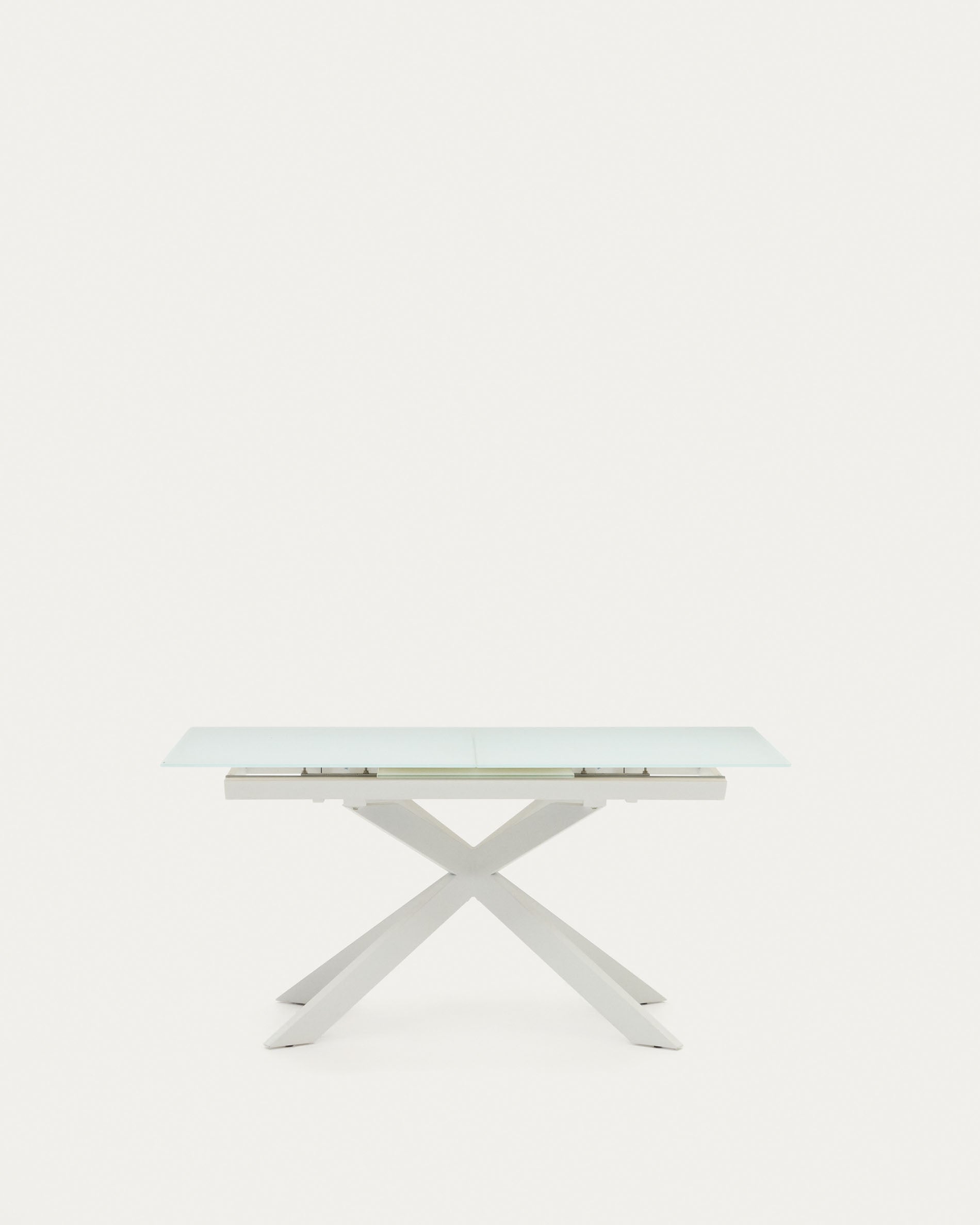Atminda extendable table in glass and MDF with steel legs in white, 160 (210) x 90 cm - Product View