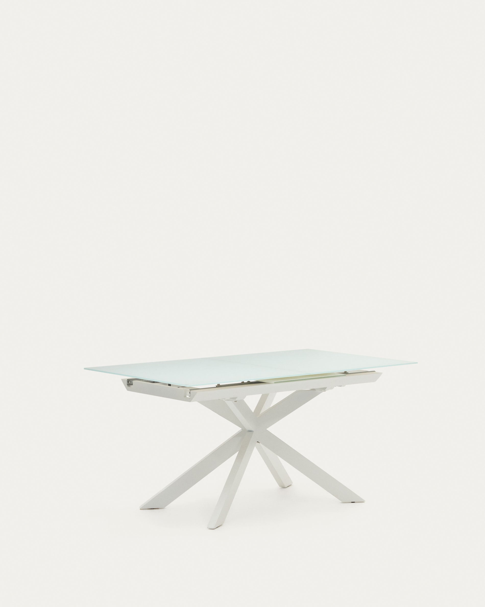 Atminda extendable table in glass and MDF with steel legs in white, 160 (210) x 90 cm - Product View