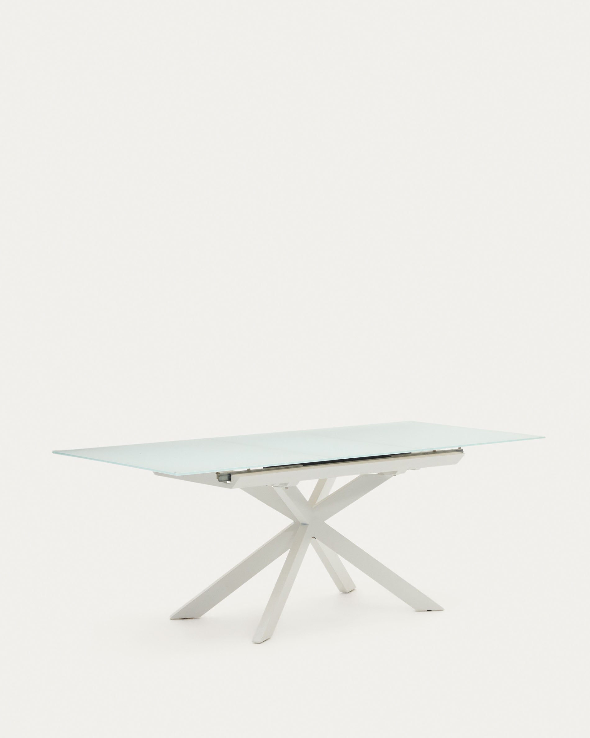 Atminda extendable table in glass and MDF with steel legs in white, 160 (210) x 90 cm - Product View