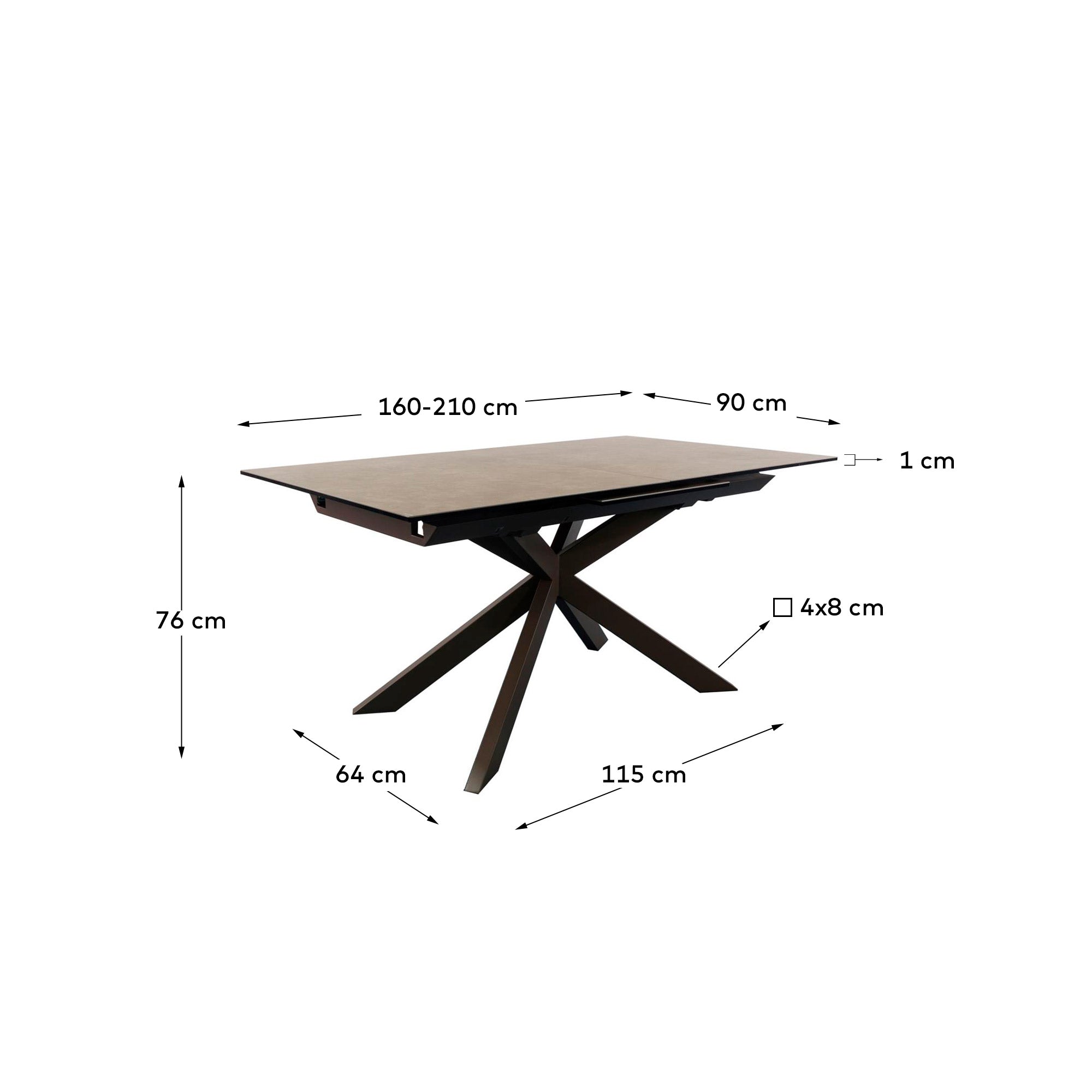 Atminda extendable table, porcelain and steel legs with a grey finish, 160 (210) x 90 cm - Measurements