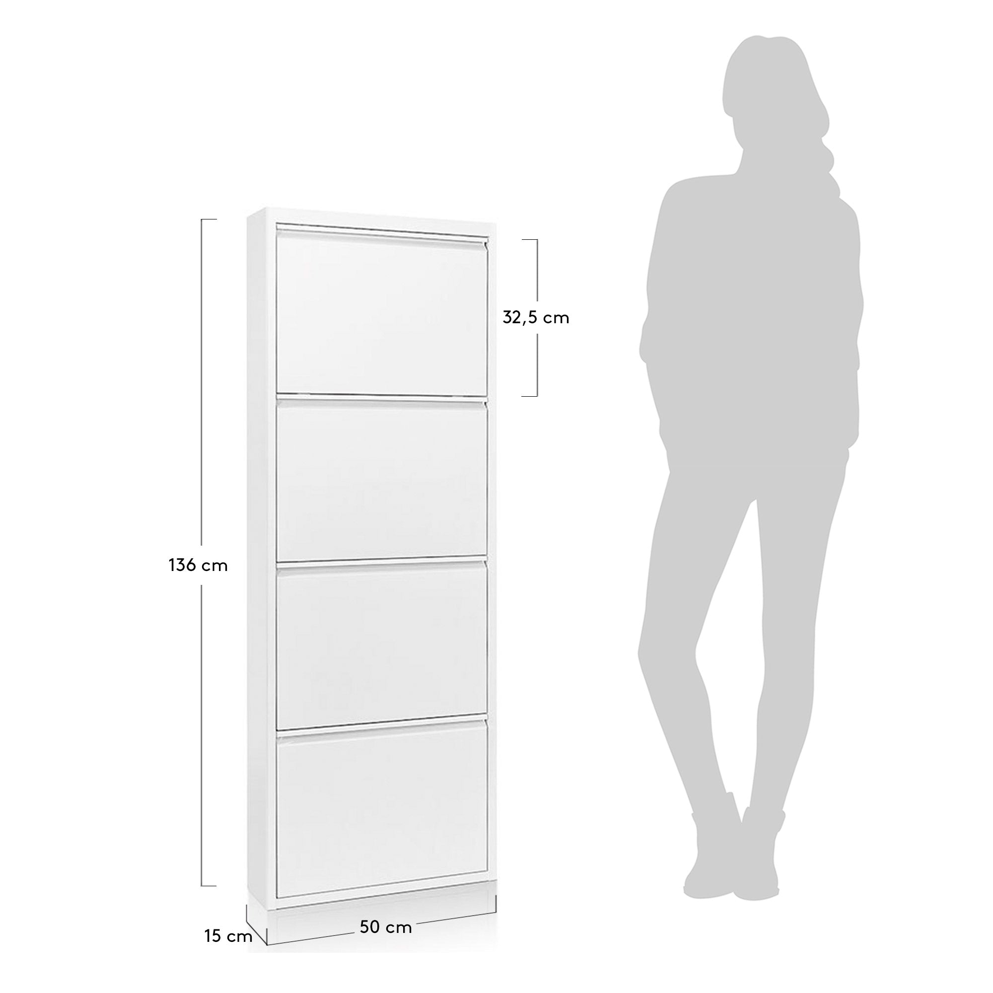 Shoe rack Ode 50 x 136 cm 4 doors white - Measurements