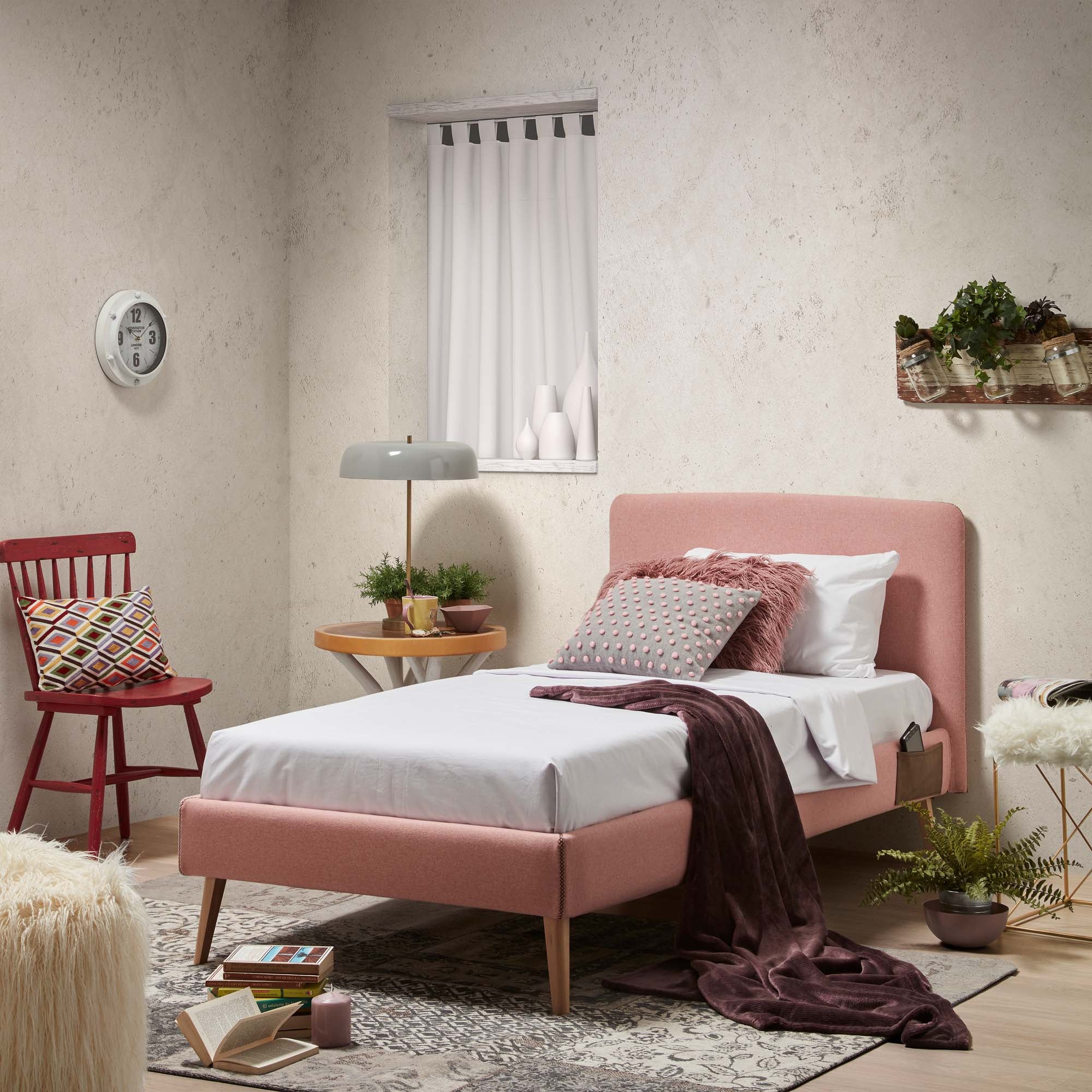 Dyla bed with removable cover in pink, with solid beech wood legs for a 90 x 190 cm mattress - Lifestyle
