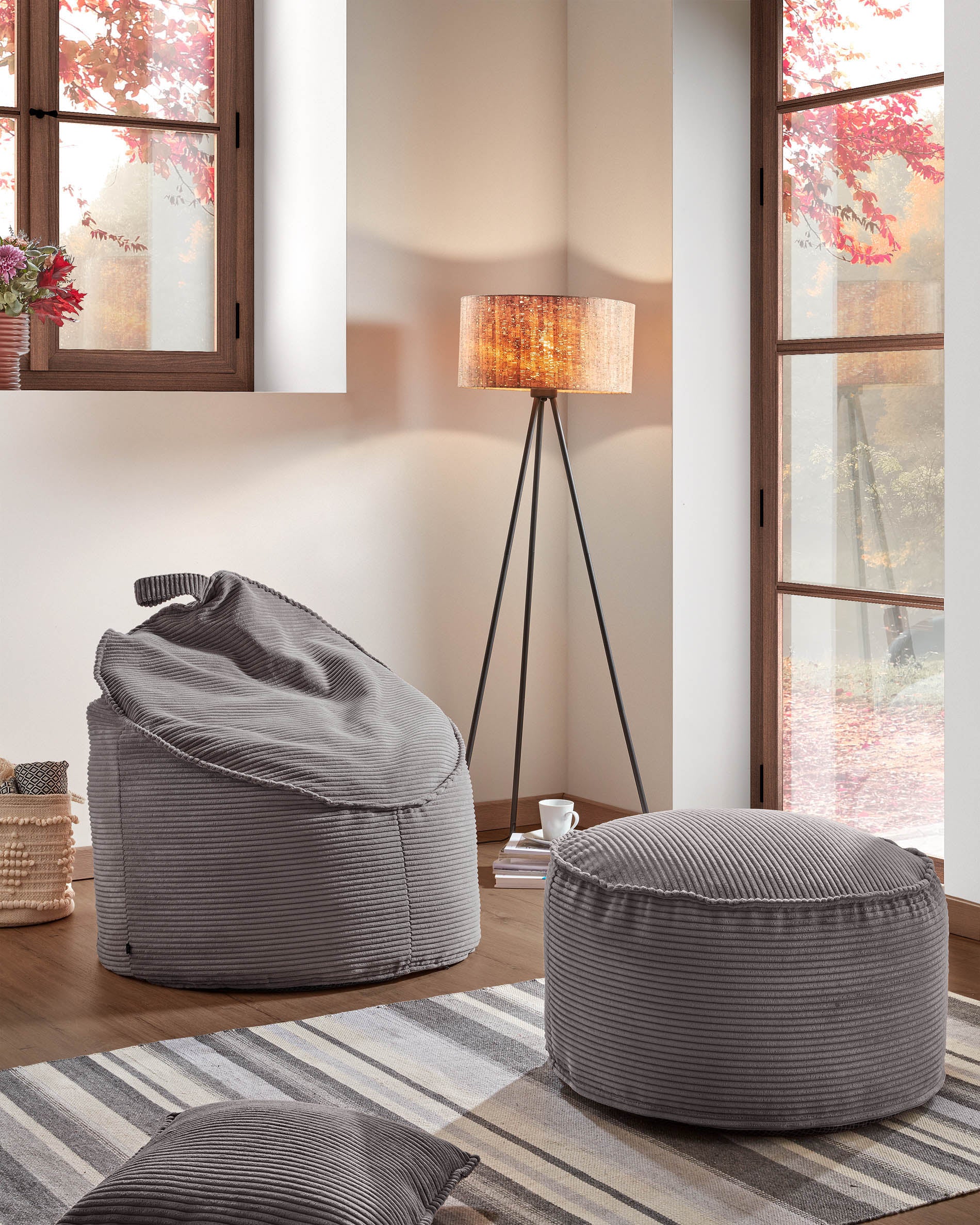 Wilma pouffe in grey wide seam corduroy, Ø 80 cm - Lifestyle
