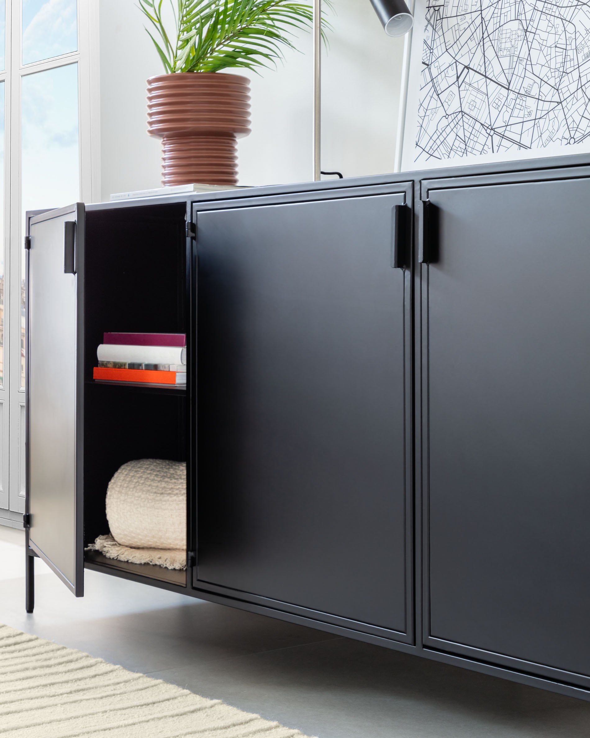 Shantay metal sideboard in a painted black finish with 3 doors, 160 x 72 cm - Lifestyle