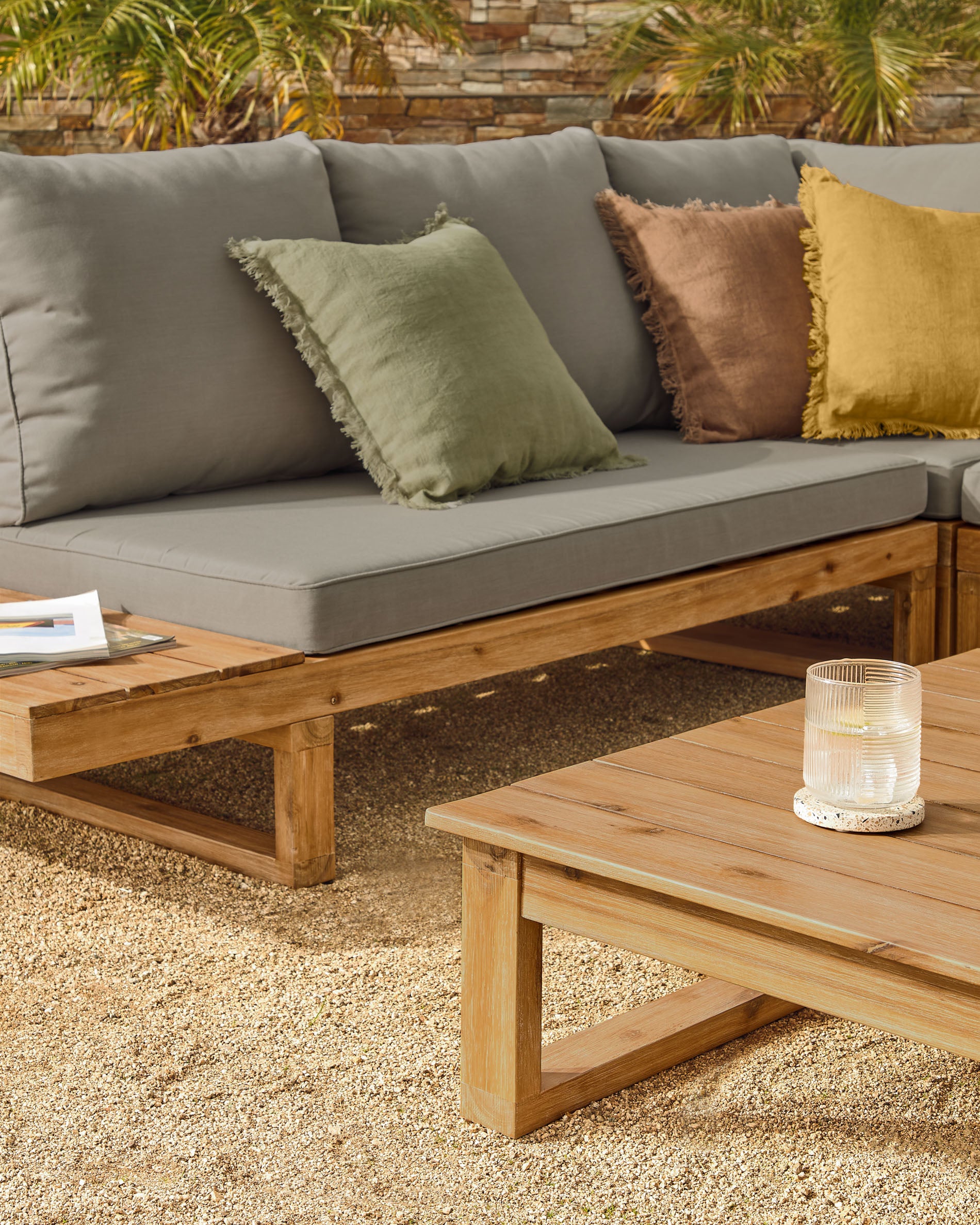 Flaviina 5 seater solid acacia wood corner sofa set with table - Lifestyle