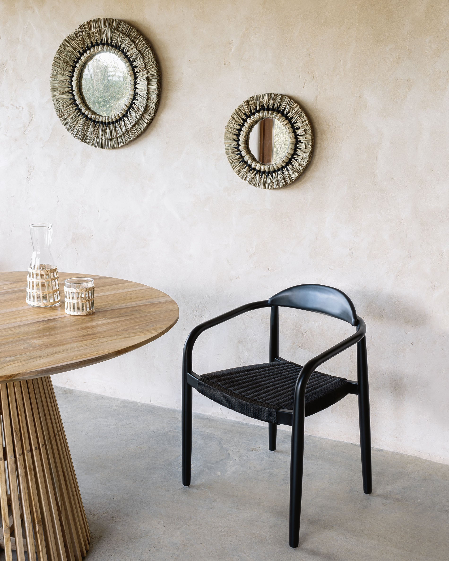 Nina stackable chair in solid acacia wood with black finish and black rope seat FSC 100% - Lifestyle