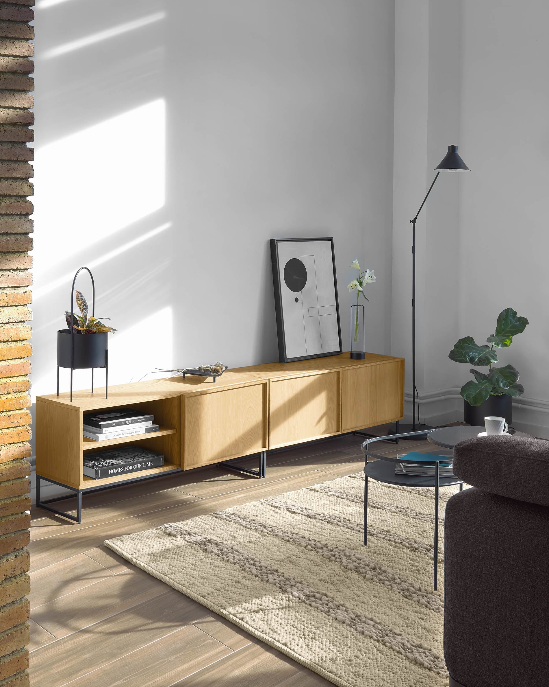 Taiana single door TV stand with oak veneer and steel frame in black finish, 112 x 51 cm - Lifestyle