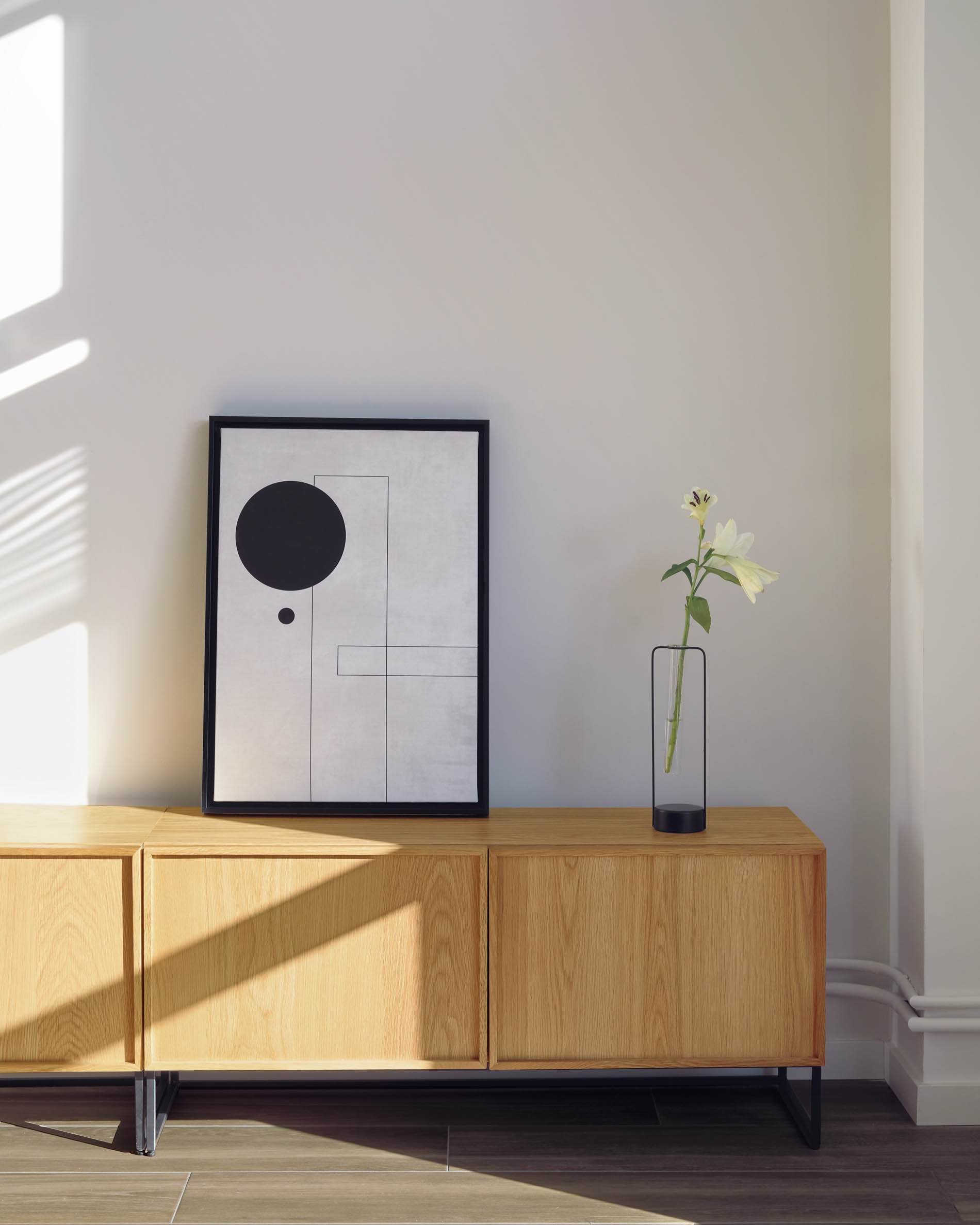Taiana 2 door TV stand with oak veneer and steel frame in black finish, 112 x 51 cm - Lifestyle
