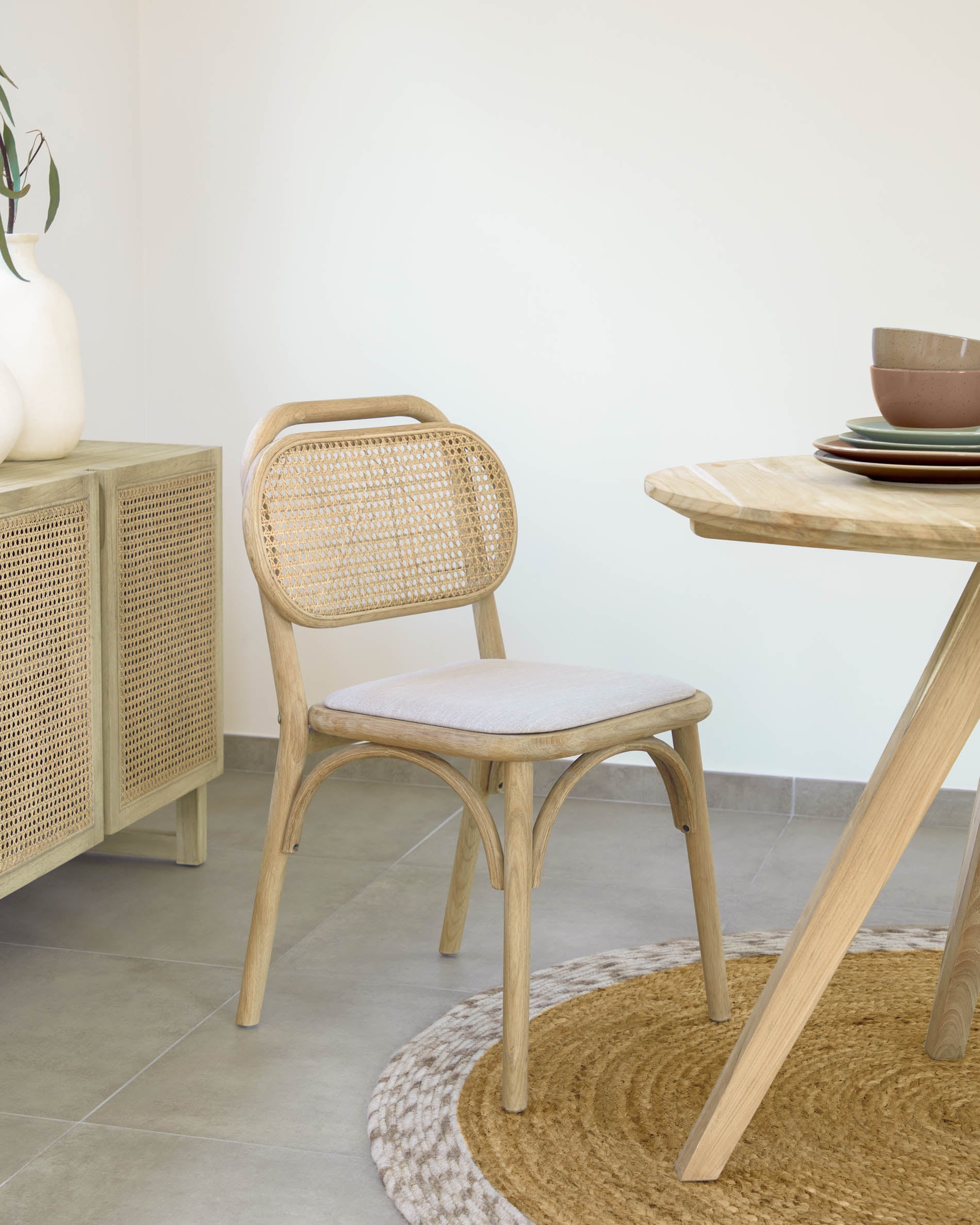 Doriane solid oak chair with natural finish and upholstered seat FSC Mix Credit - Lifestyle