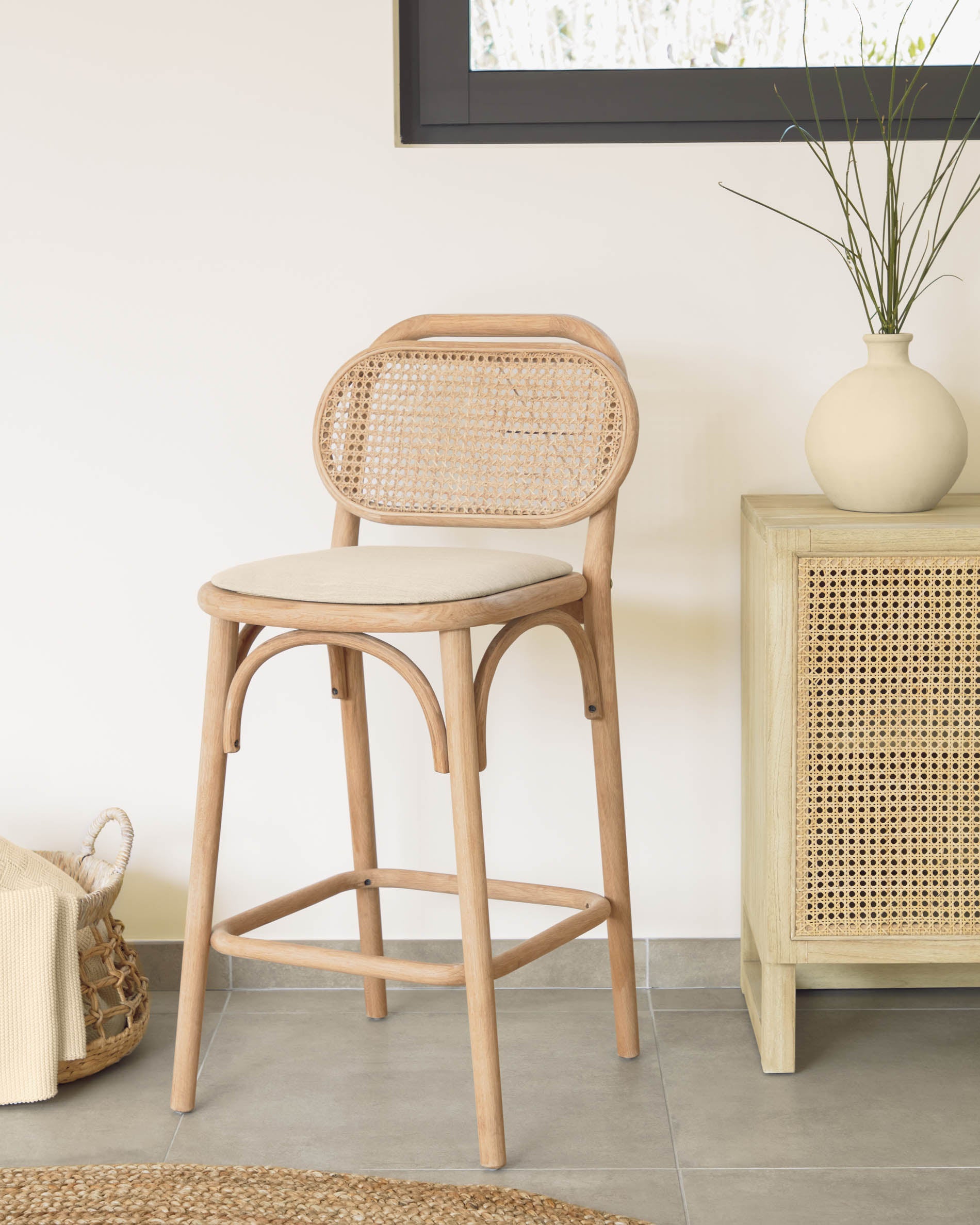 Doriane 65 cm height solid oak stool with natural finish and upholstered seat FSC Mix Credit - Lifestyle