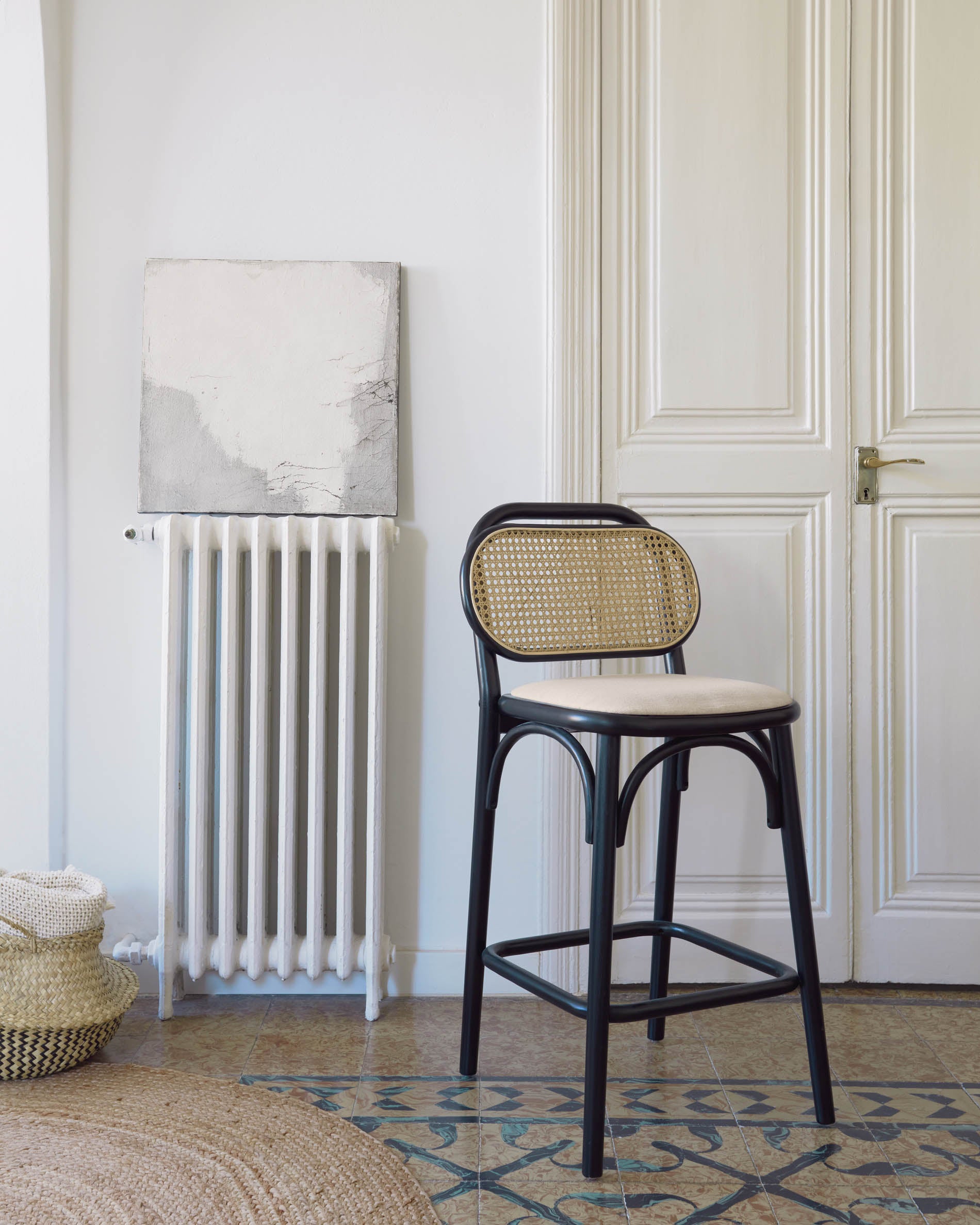 Doriane 65 cm height solid elm stool black lacquer finish and upholstered seat - Lifestyle