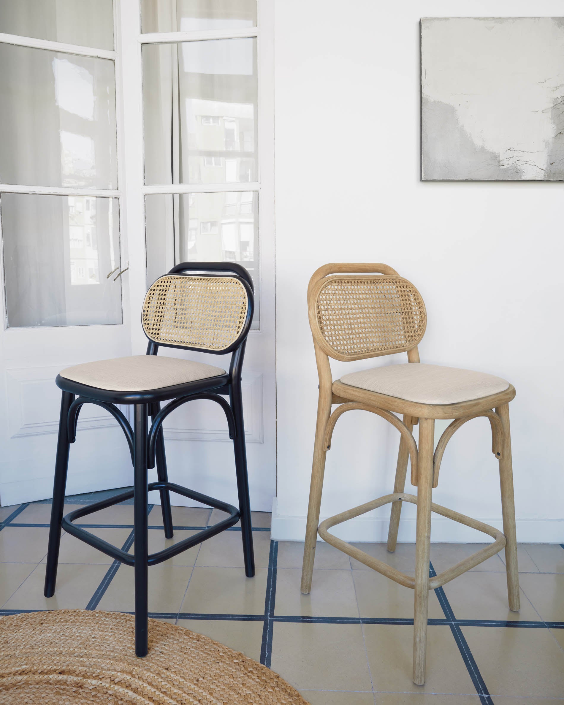 Doriane 65 cm height solid oak stool with natural finish and upholstered seat FSC Mix Credit - Lifestyle