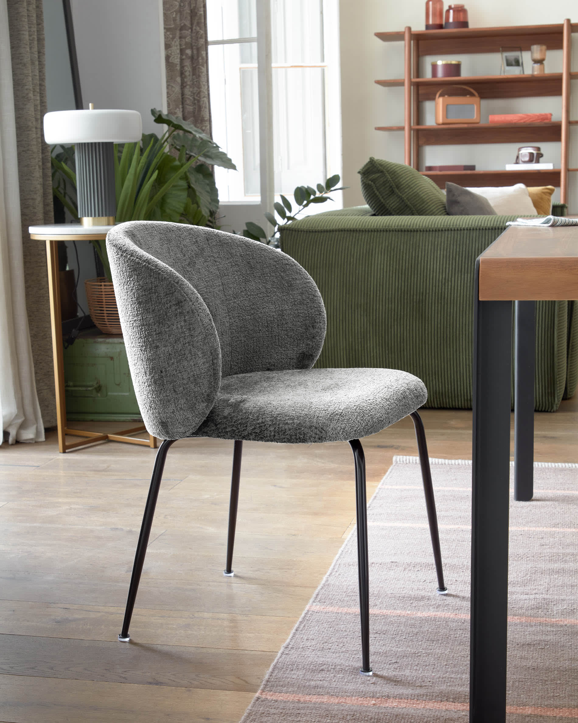 Minna chenille chair in grey with steel legs in a black finish