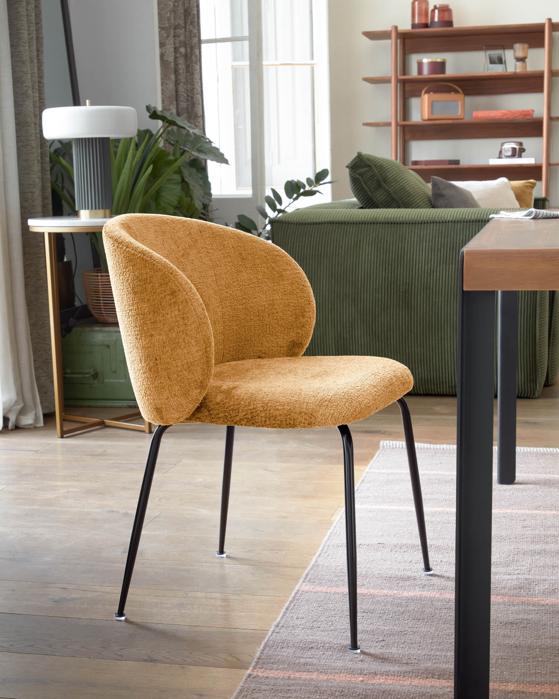Mustard chenille Minna chair with steel legs with black finish