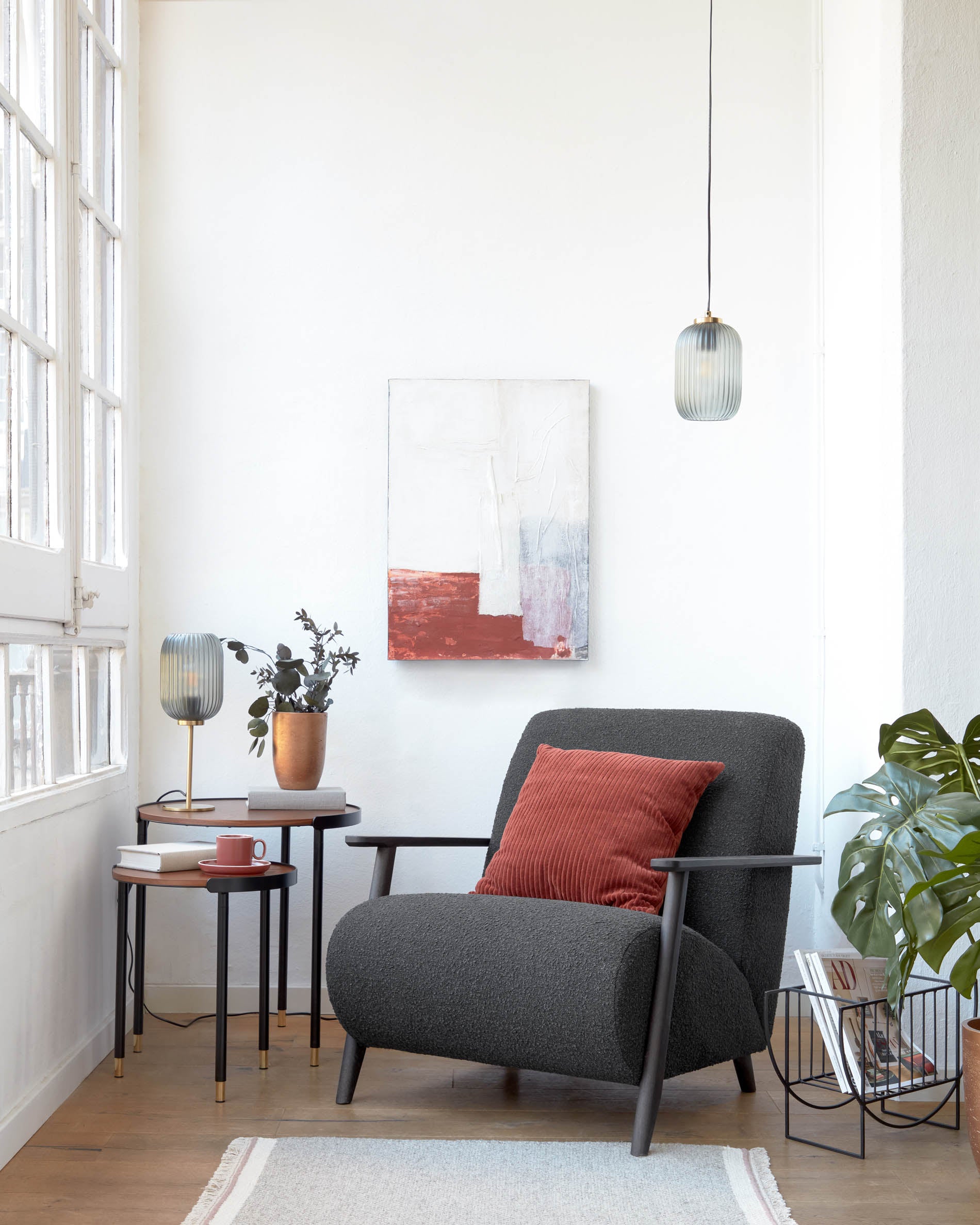 Hestia metal ceiling light with brass finish and grey glass - Lifestyle