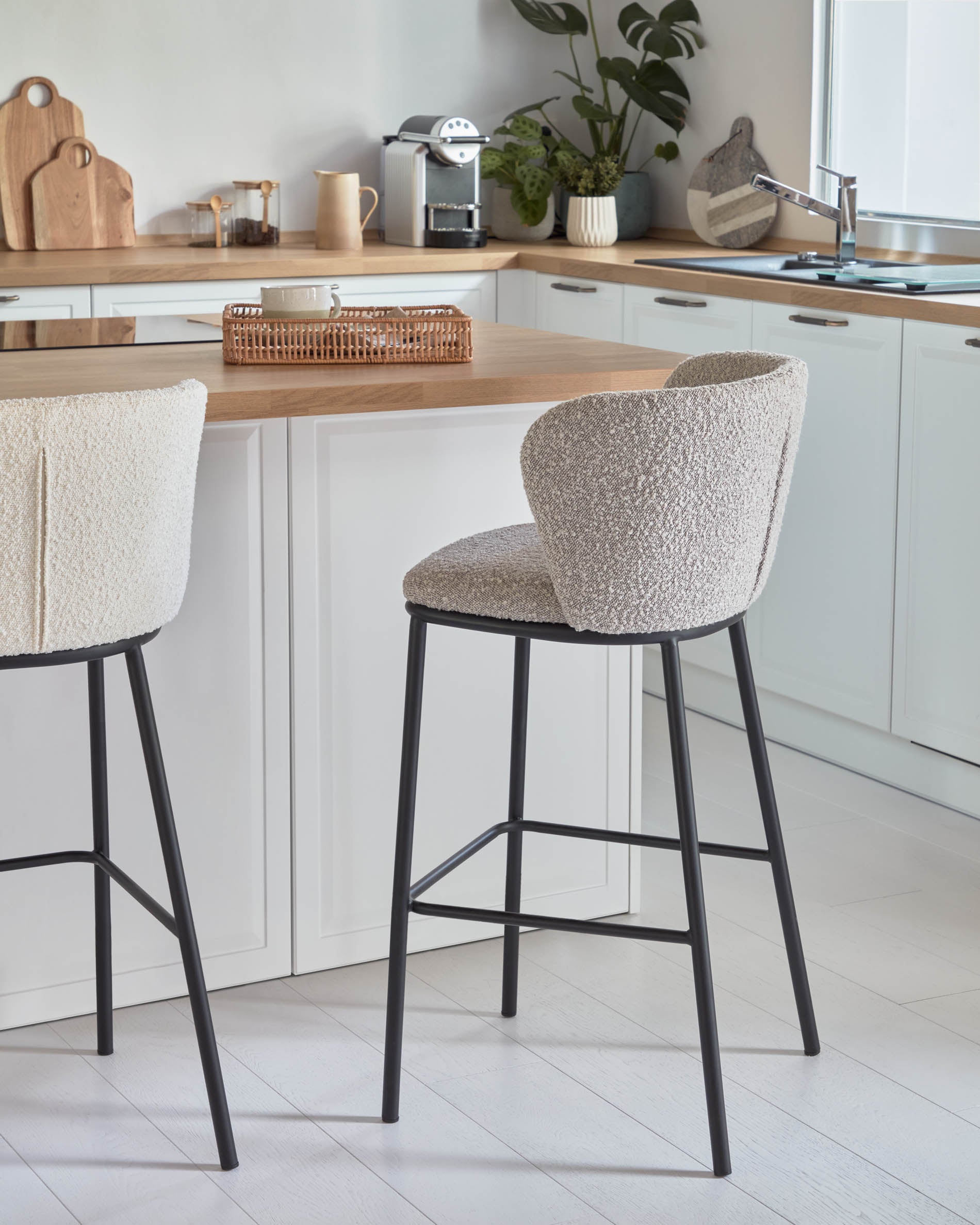 Ciselia stool with light grey bouclé and black steel legs height 65 cm FSC Mix Credit - Lifestyle
