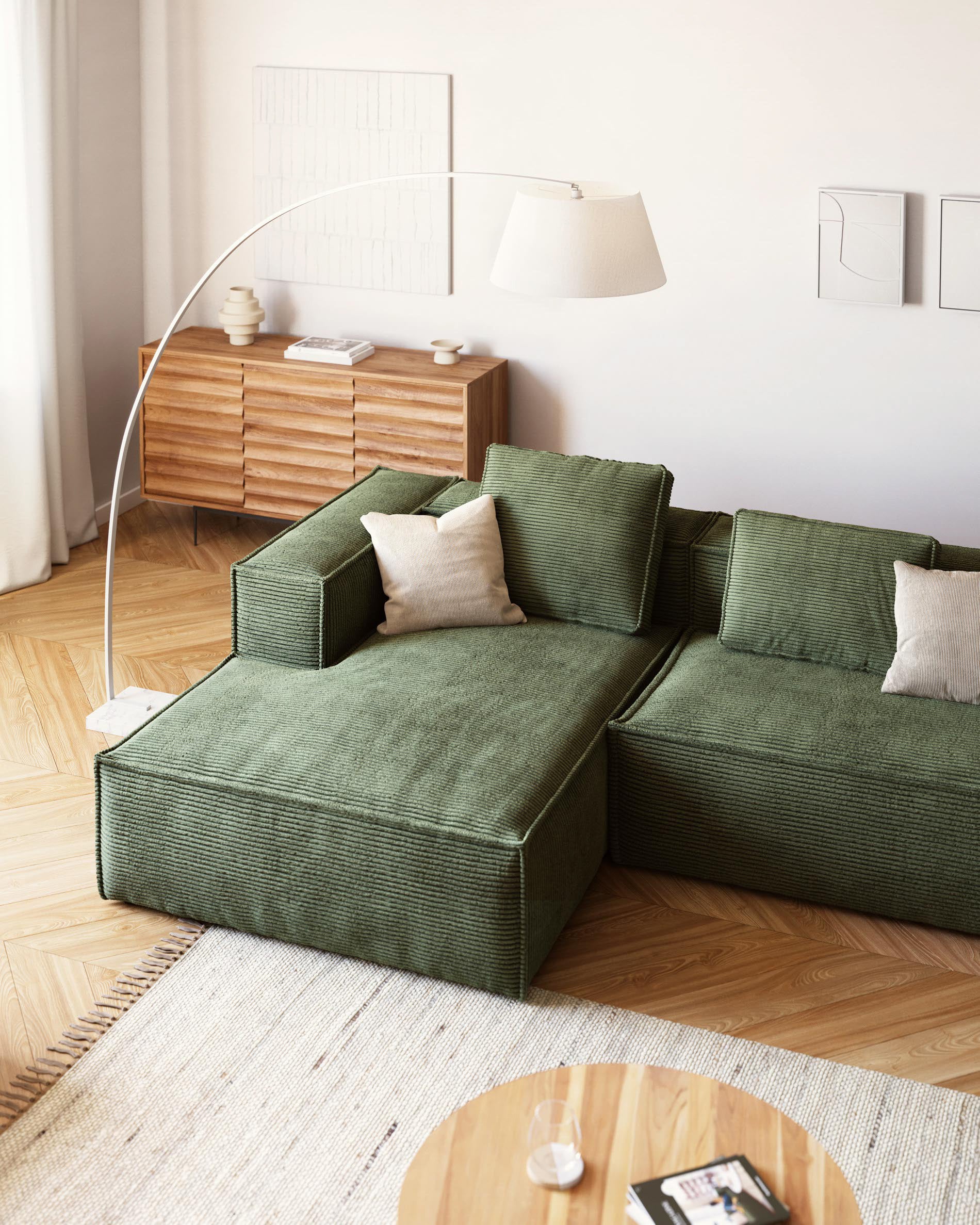 Blok 3-person sofa with chaise longue on the left in green corduroy, 300 cm FR