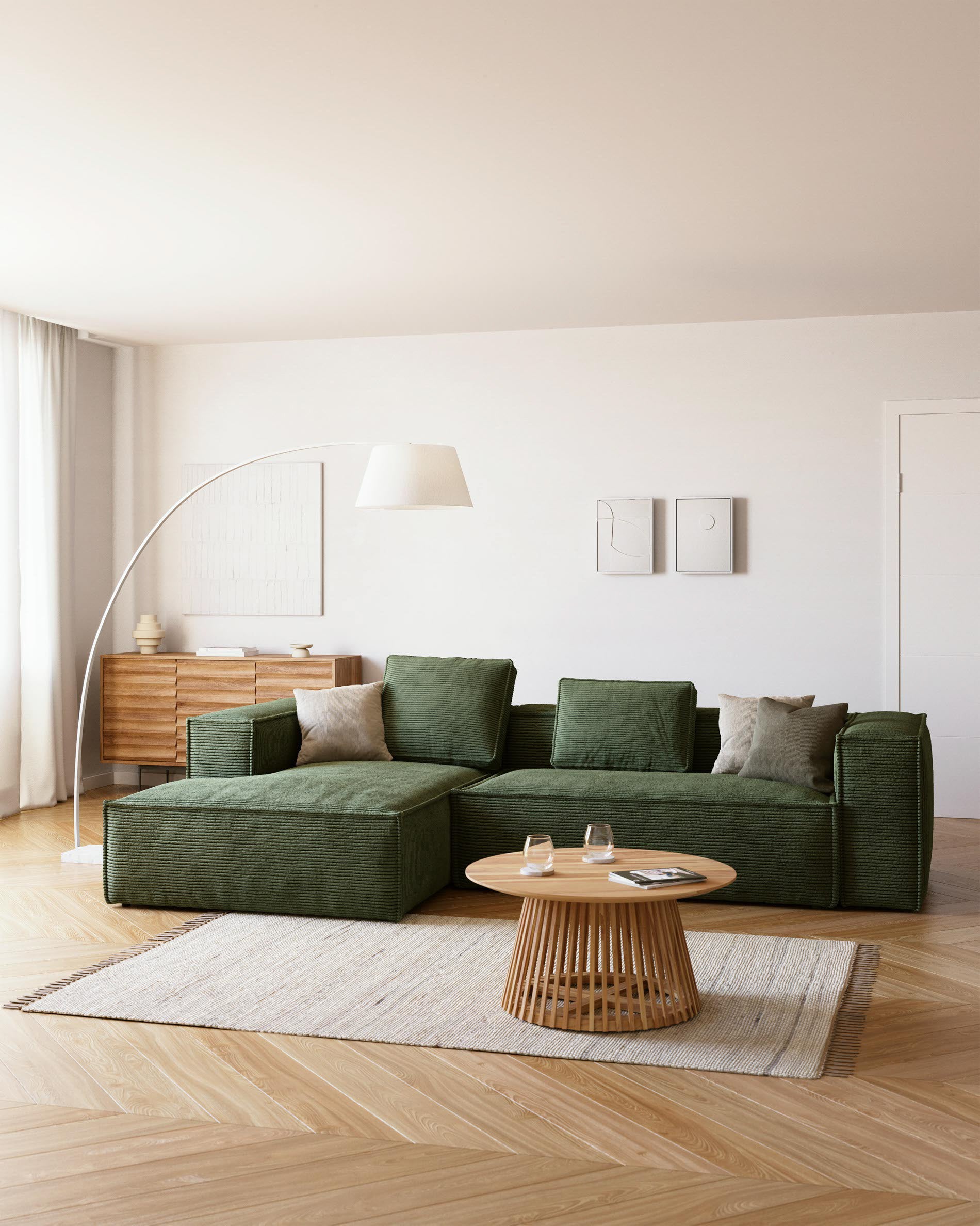 Blok 3-person sofa with chaise longue on the left in green corduroy, 300 cm FR