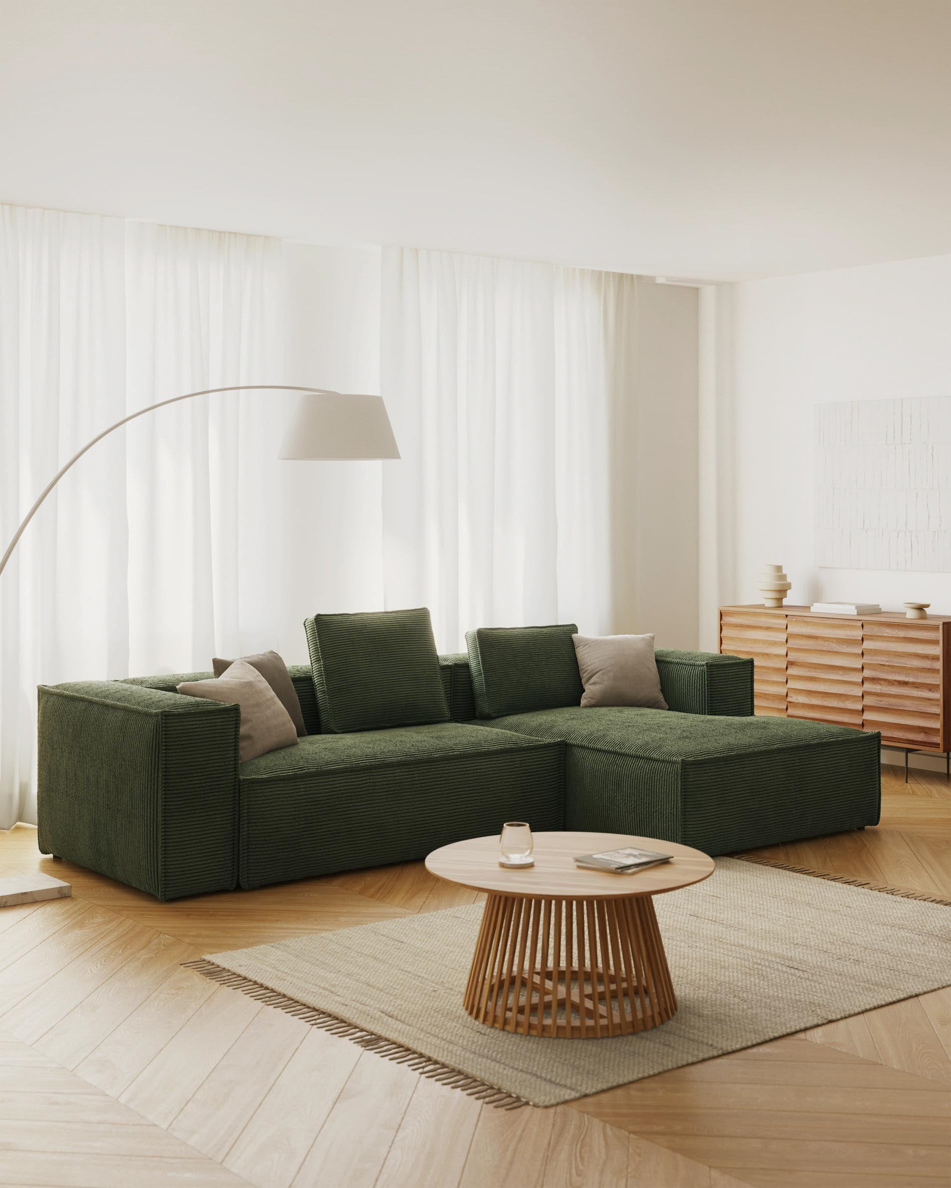 Blok 3-person sofa with chaise longue on the right in green corduroy, 300 cm