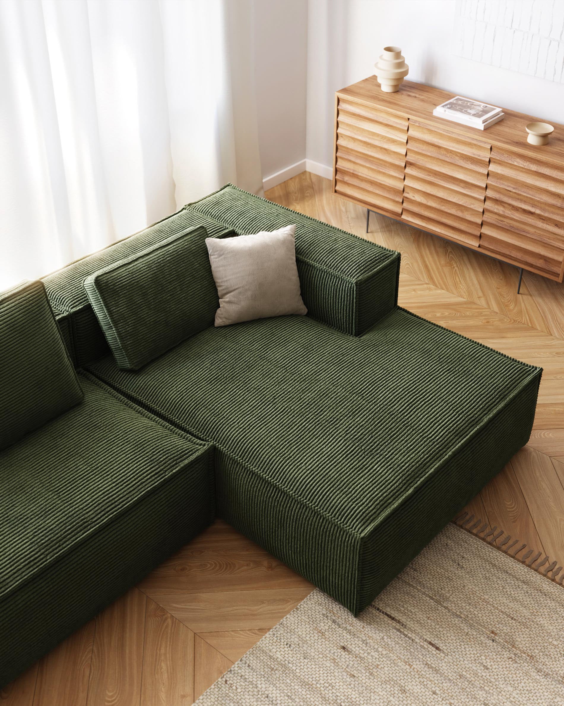 Blok 3-person sofa with chaise longue on the right in green corduroy, 300 cm