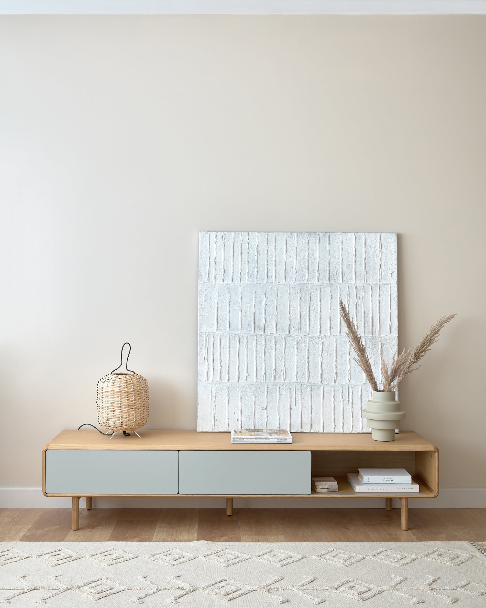 Anielle solid ash & ash veneer TV stand with 2 doors, 180 x 41 cm - Lifestyle