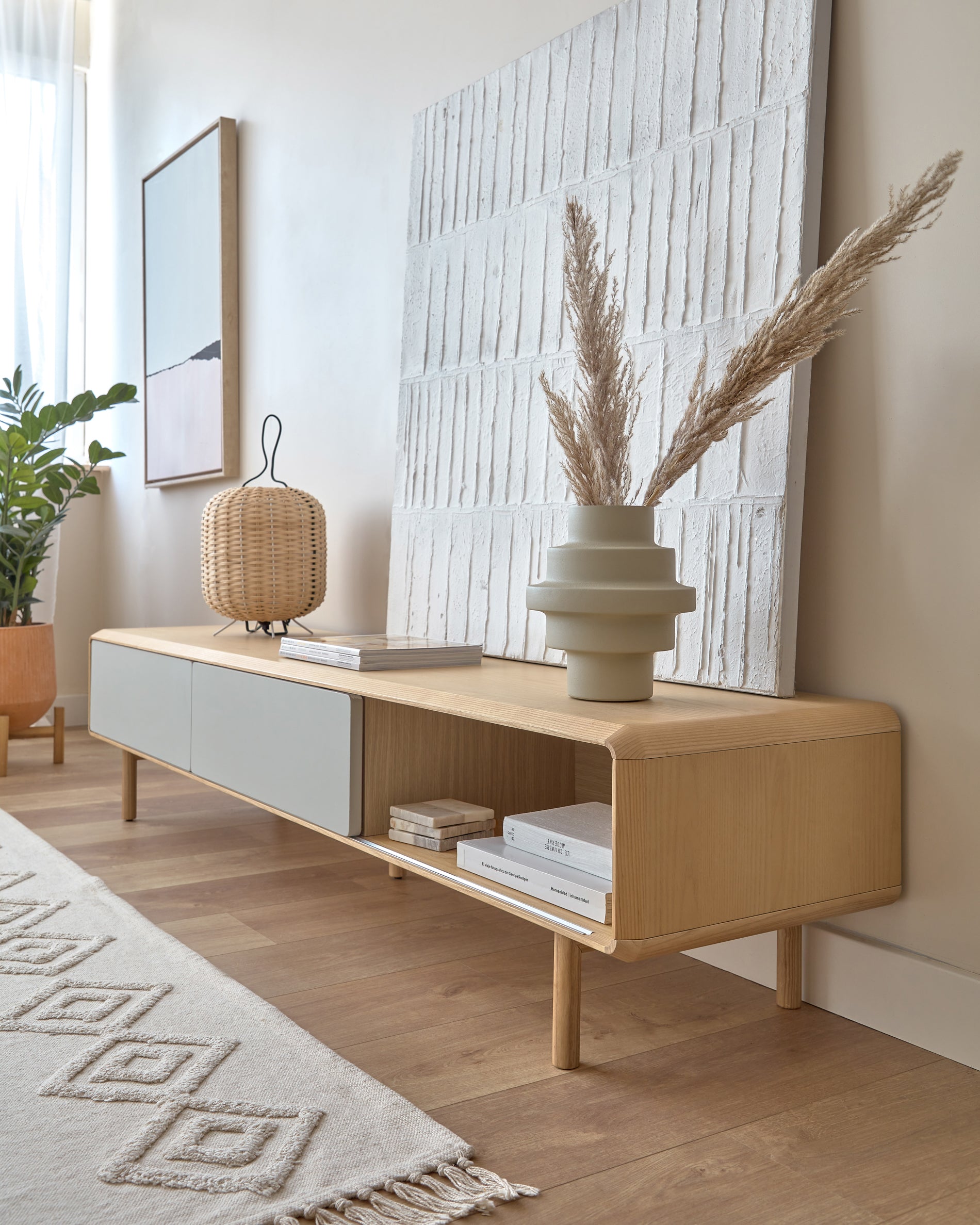 Anielle solid ash & ash veneer TV stand with 2 doors, 180 x 41 cm - Lifestyle