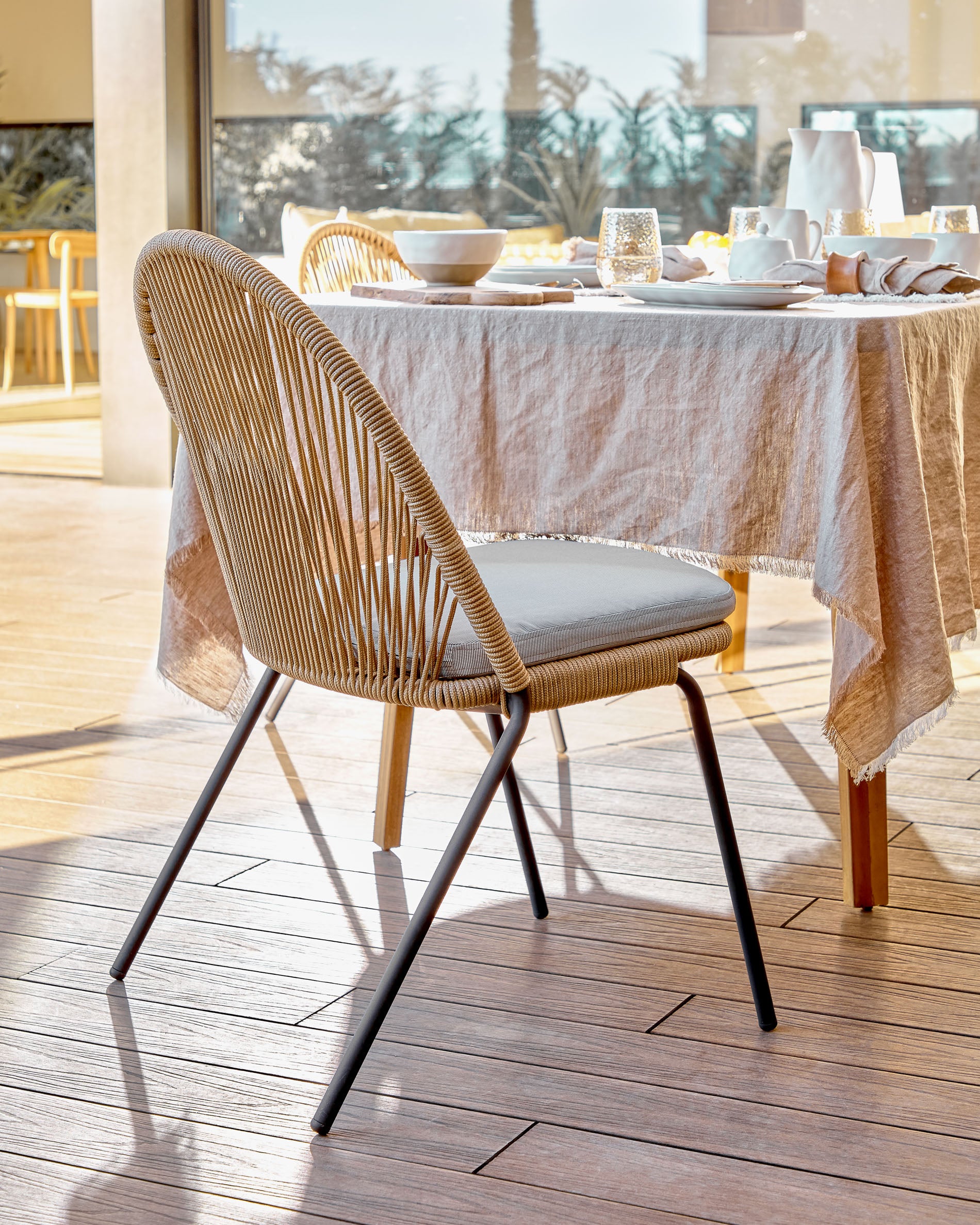 Shann stackable chair in beige cord and galvanised steel legs - Lifestyle