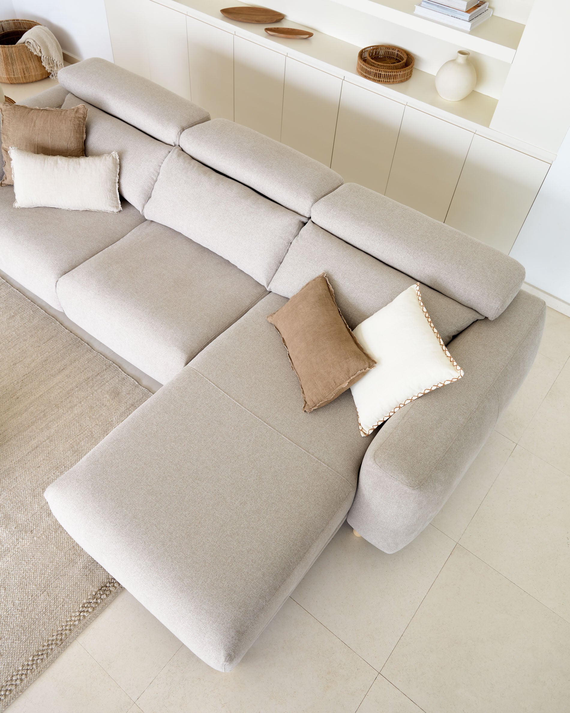 Singa 3 seater sofa with right-hand chaise longue, reclining headrest and extendable seat in beige 296 cm FSC Mix Credit - Lifestyle