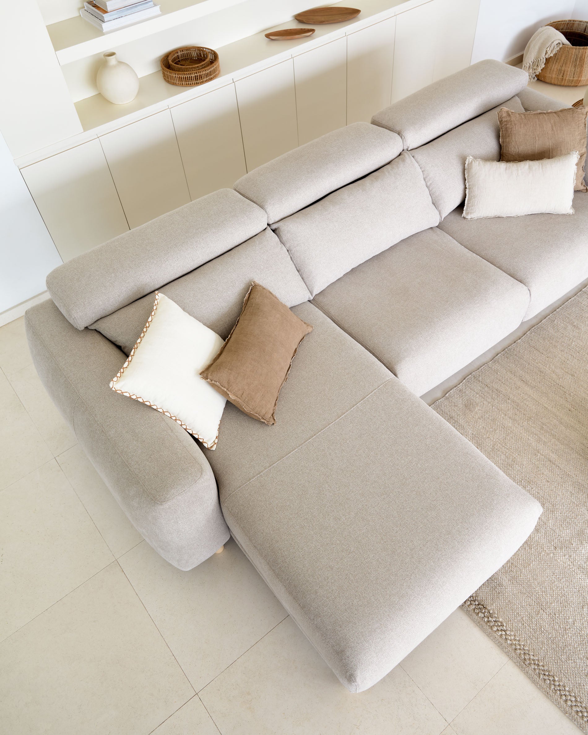 Singa 3 seater sofa with left-hand chaise longue, reclining headrest and extendable seat in beige 296 cm FSC Mix Credit - Lifestyle