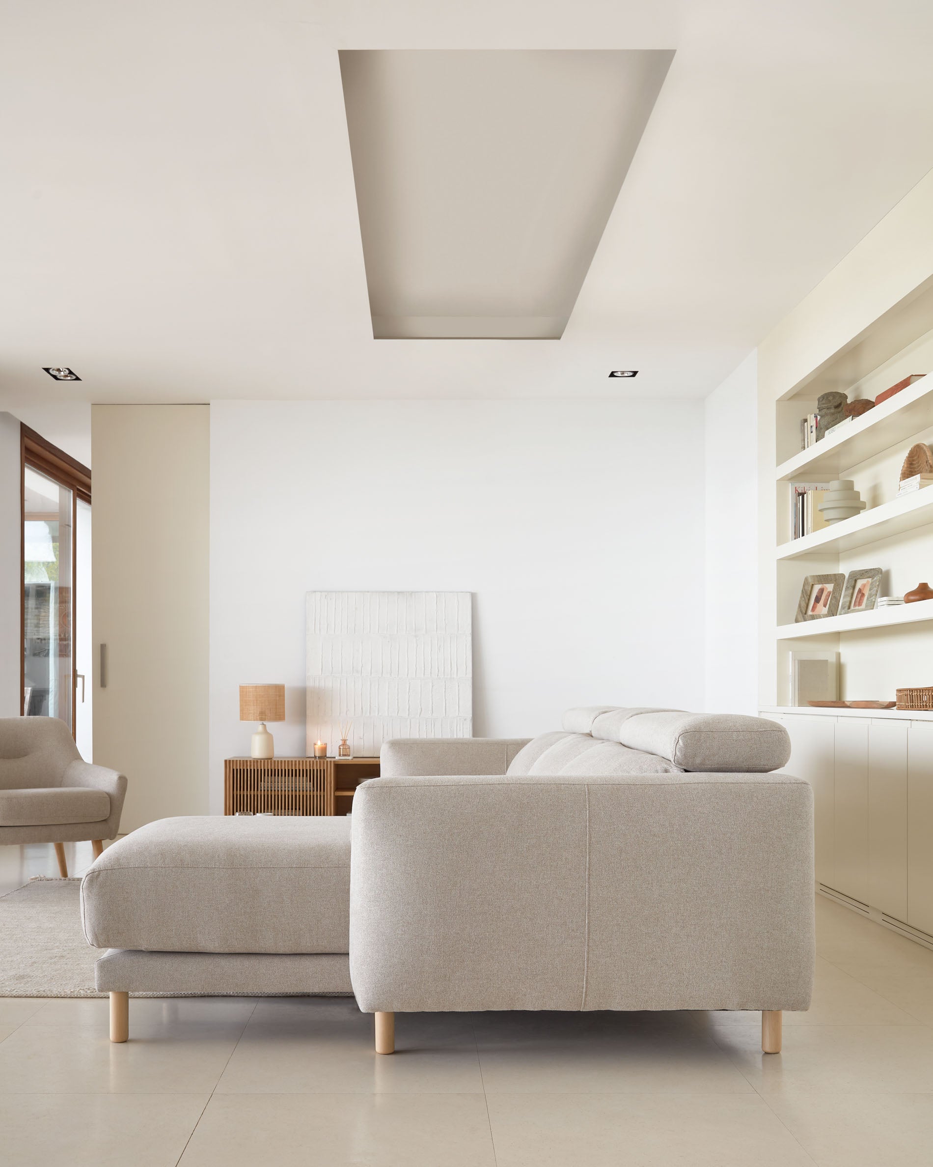 Singa 3 seater sofa with right-hand chaise longue, reclining headrest and extendable seat in beige 296 cm FSC Mix Credit - Lifestyle