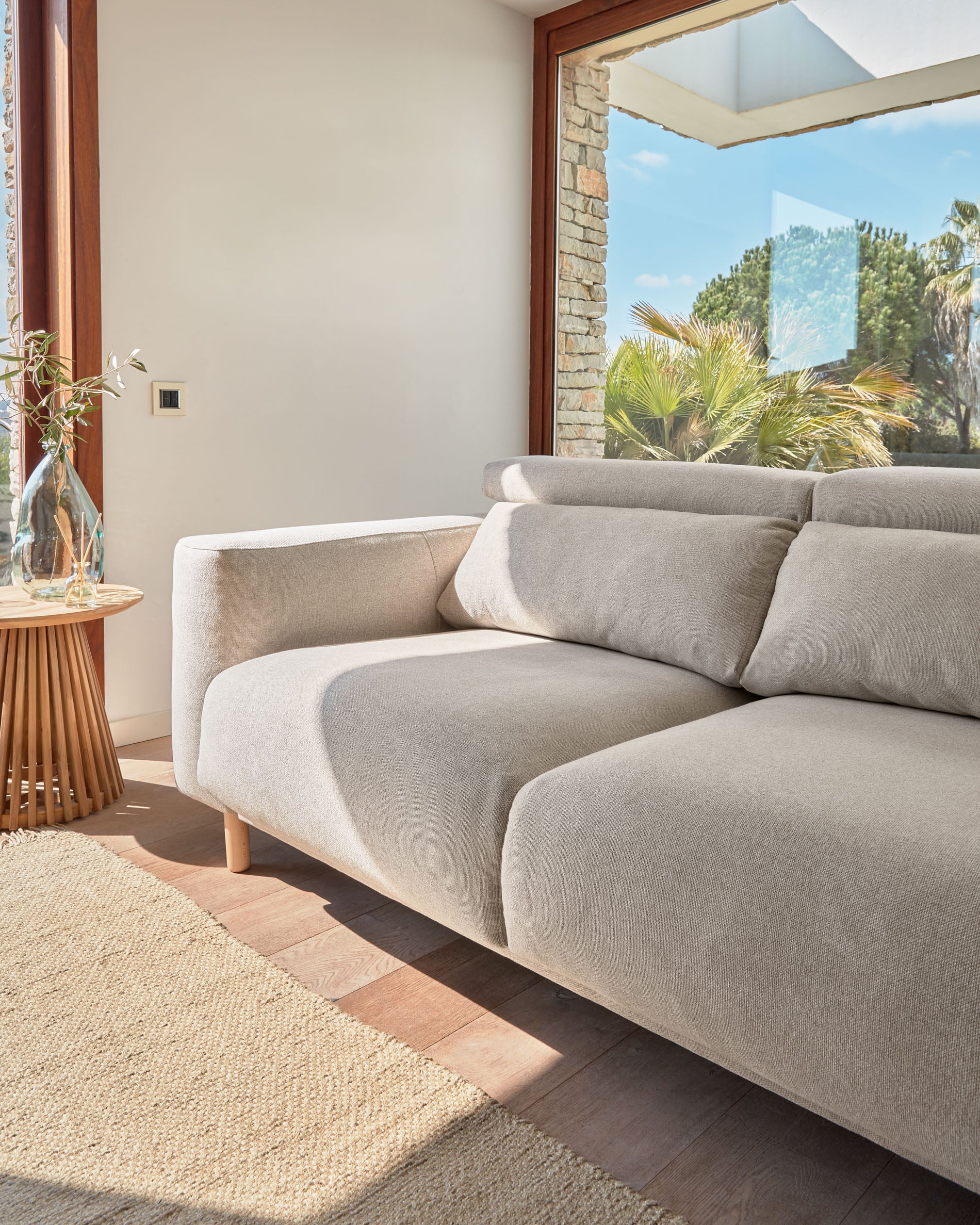 Singa 3 seater sofa with reclining headrest and extendable seat in beige 215 cm FSC Mix Credit - Lifestyle