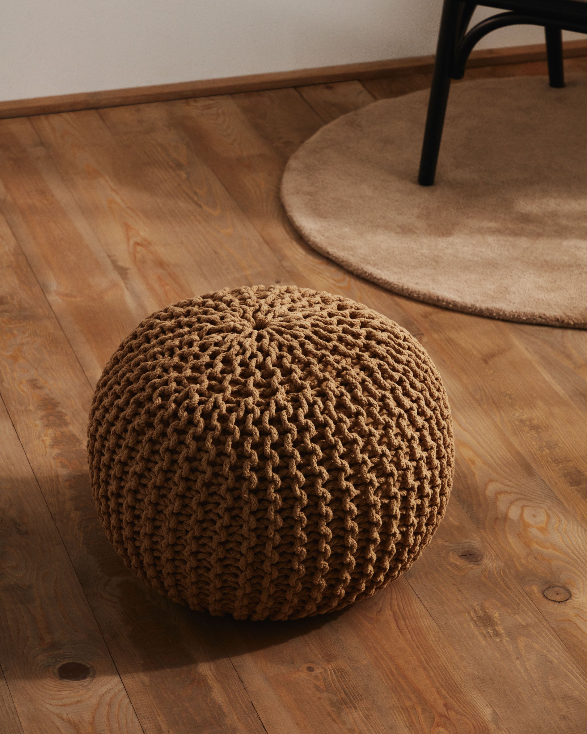 Chloe round pouf, 100% mustard yellow cotton, Ø 50 cm