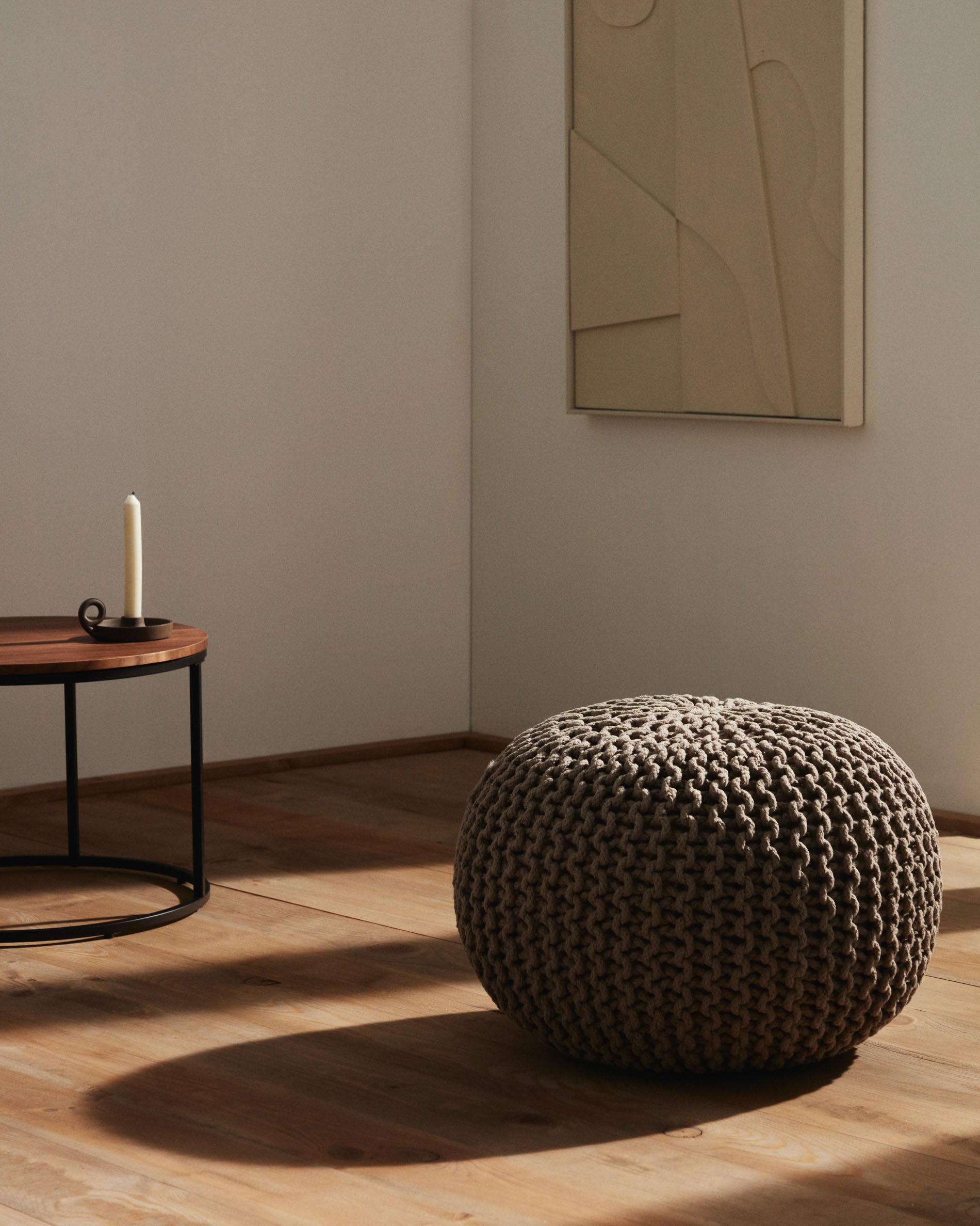 Chloe round pouf, 100% beige cotton, Ø 50 cm