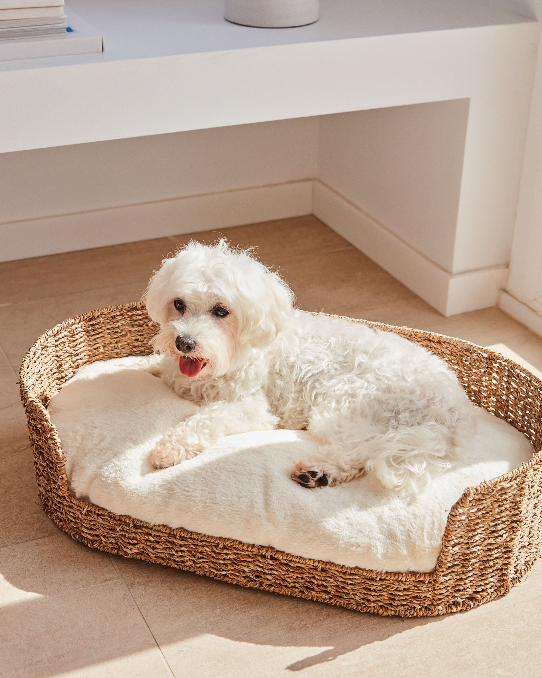 Codie portable pet cushion in white fur, Ø 60 x 10 cm - Lifestyle