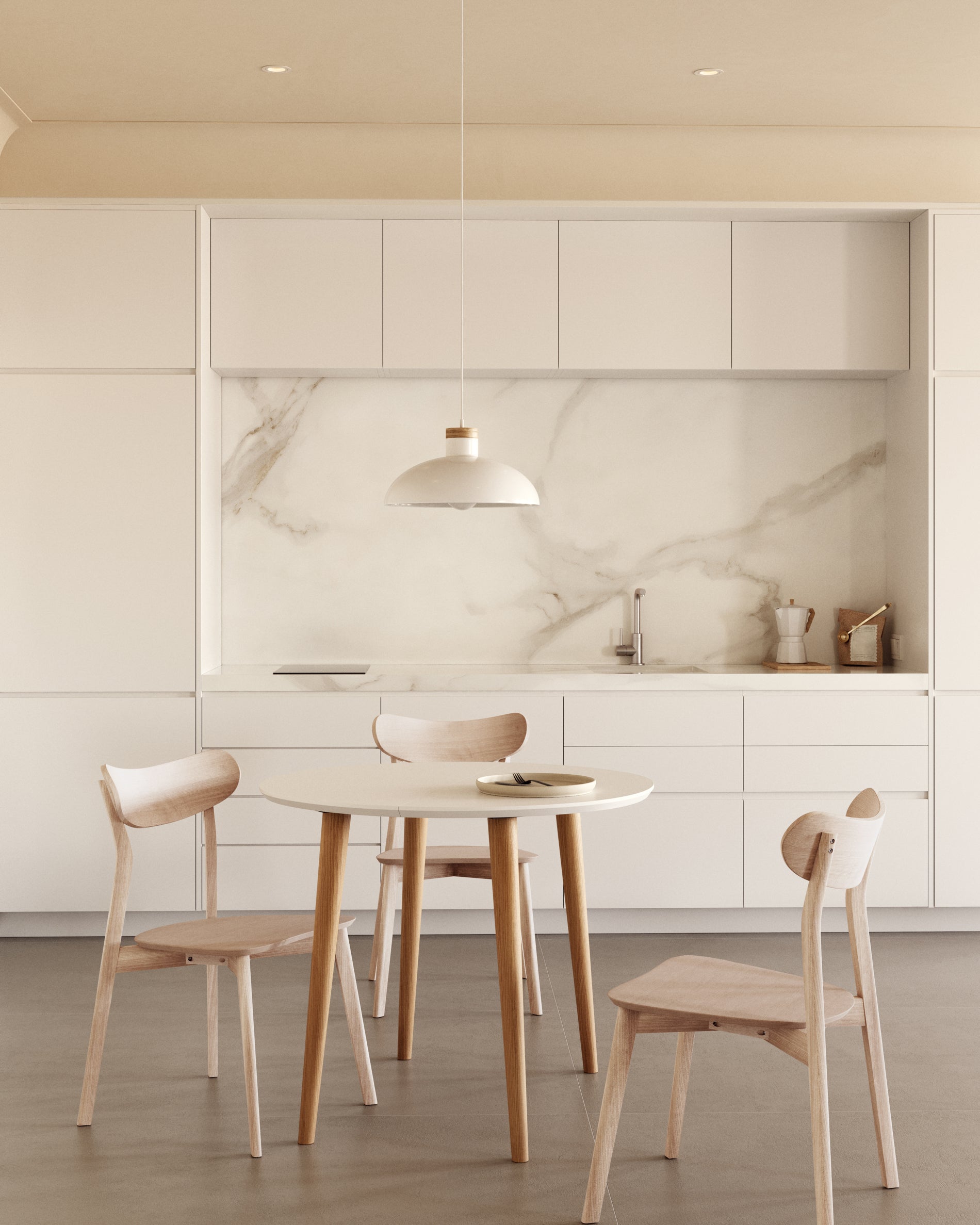 Oqui extendable round table in MDF with white lacquer and solid beech wood legs, 90 (170) x 90 cm - Lifestyle
