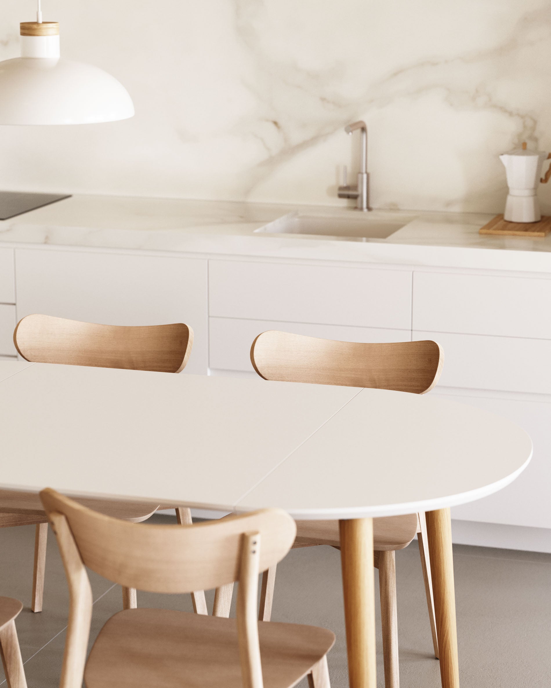 Oqui extendable round table in MDF with white lacquer and solid beech wood legs, 90 (170) x 90 cm - Lifestyle