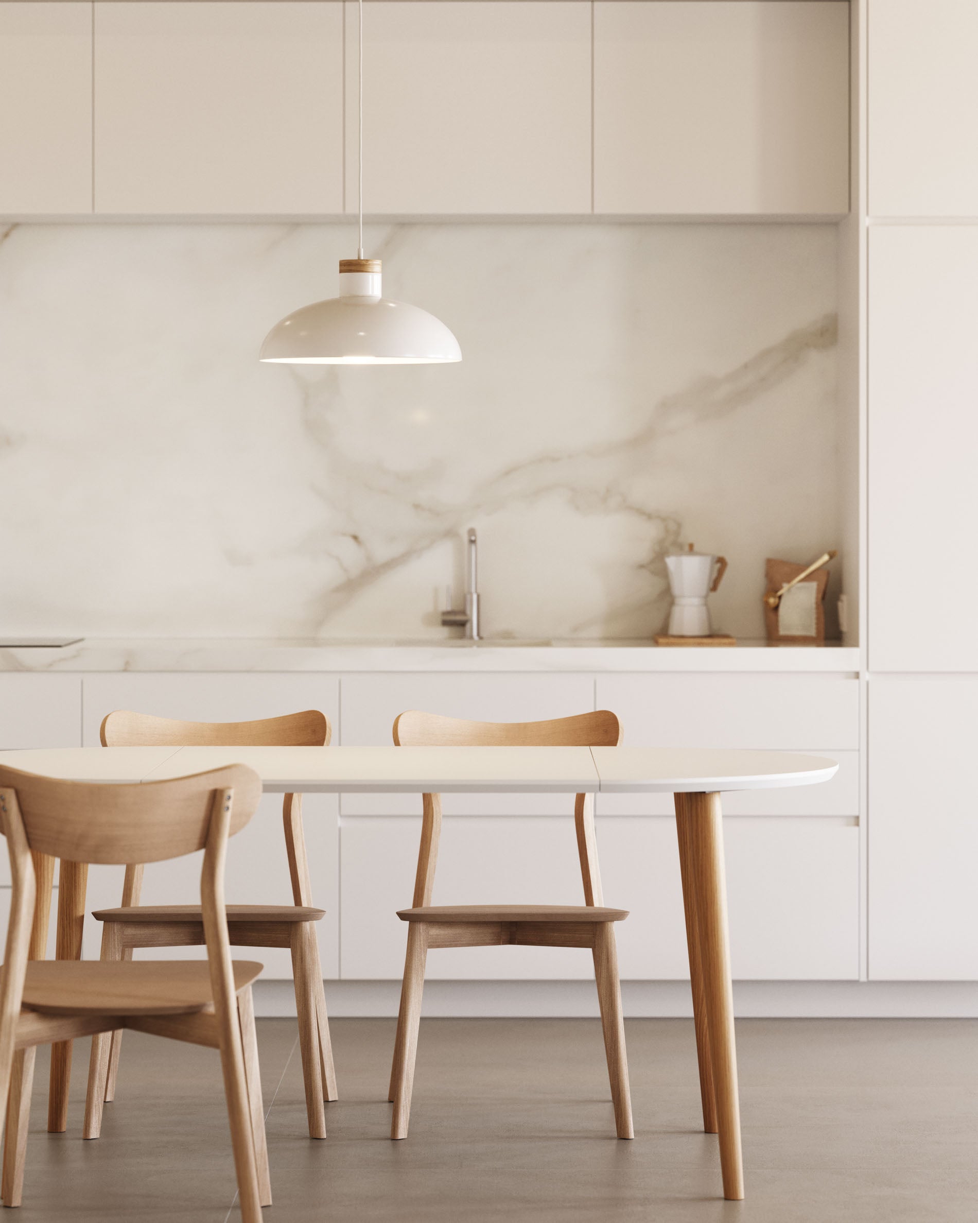 Oqui extendable round table in MDF with white lacquer and solid beech wood legs, 90 (170) x 90 cm - Lifestyle