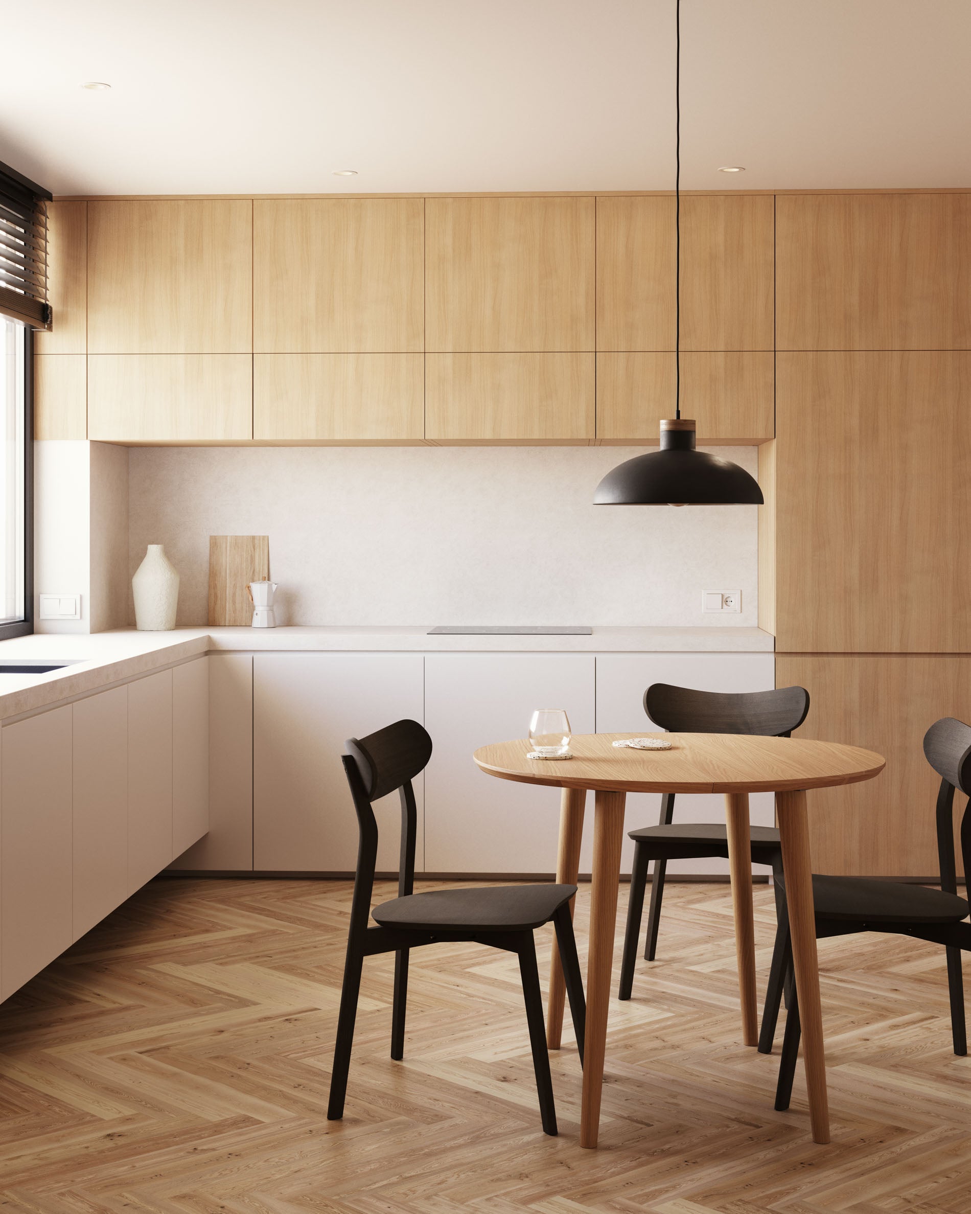 Oqui extendable round table in MDF oak veneer and solid wood legs, 90 (170) x 90 cm - Lifestyle