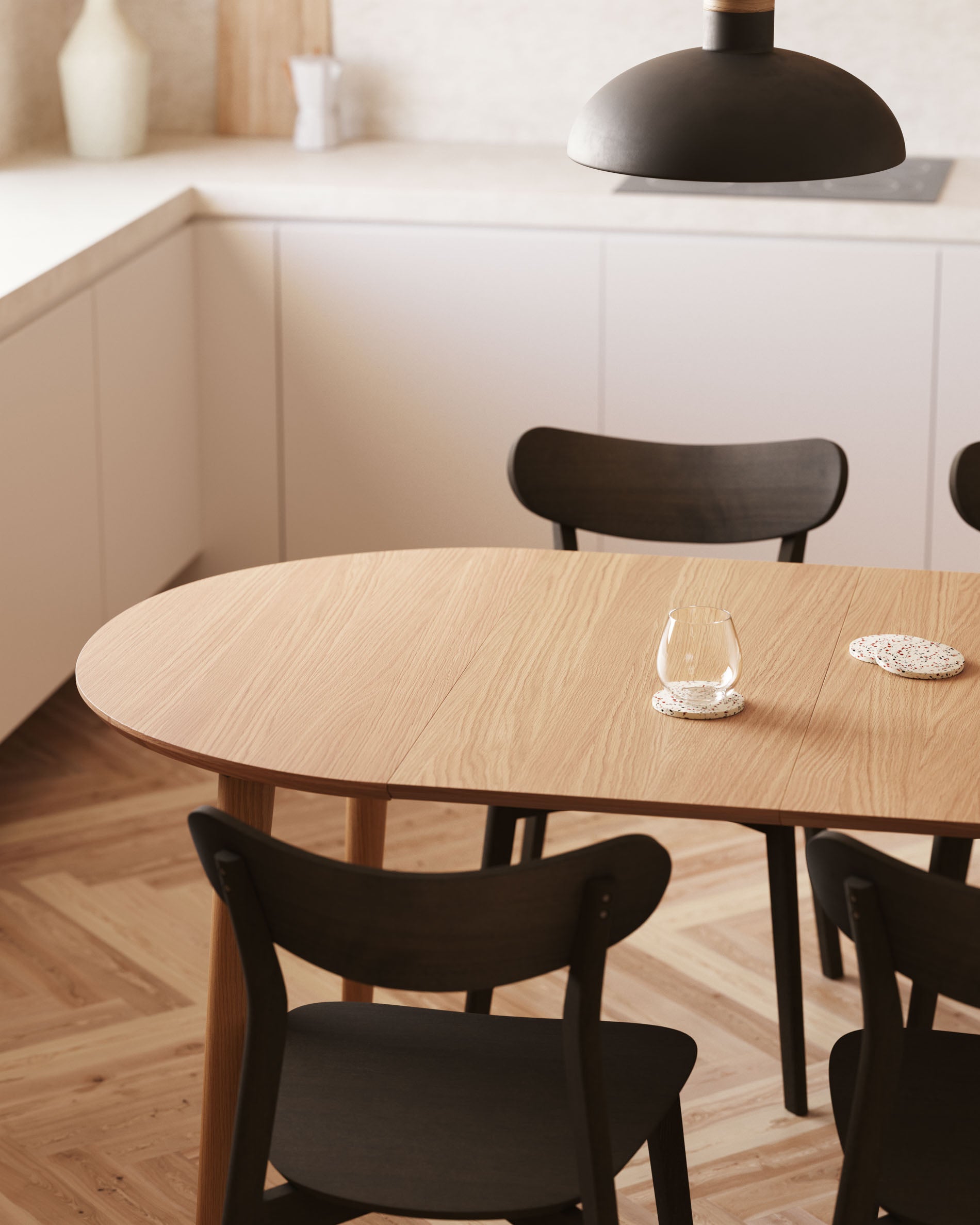 Oqui extendable round table in MDF oak veneer and solid wood legs, 90 (170) x 90 cm - Lifestyle