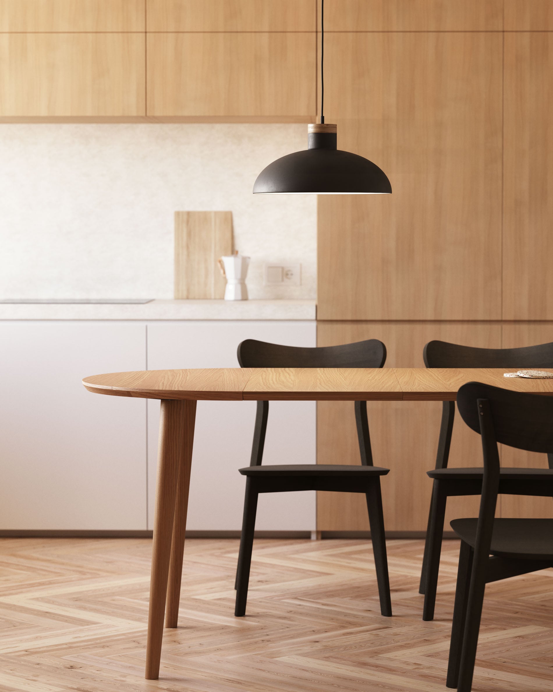 Oqui extendable round table in MDF oak veneer and solid wood legs, 90 (170) x 90 cm - Lifestyle