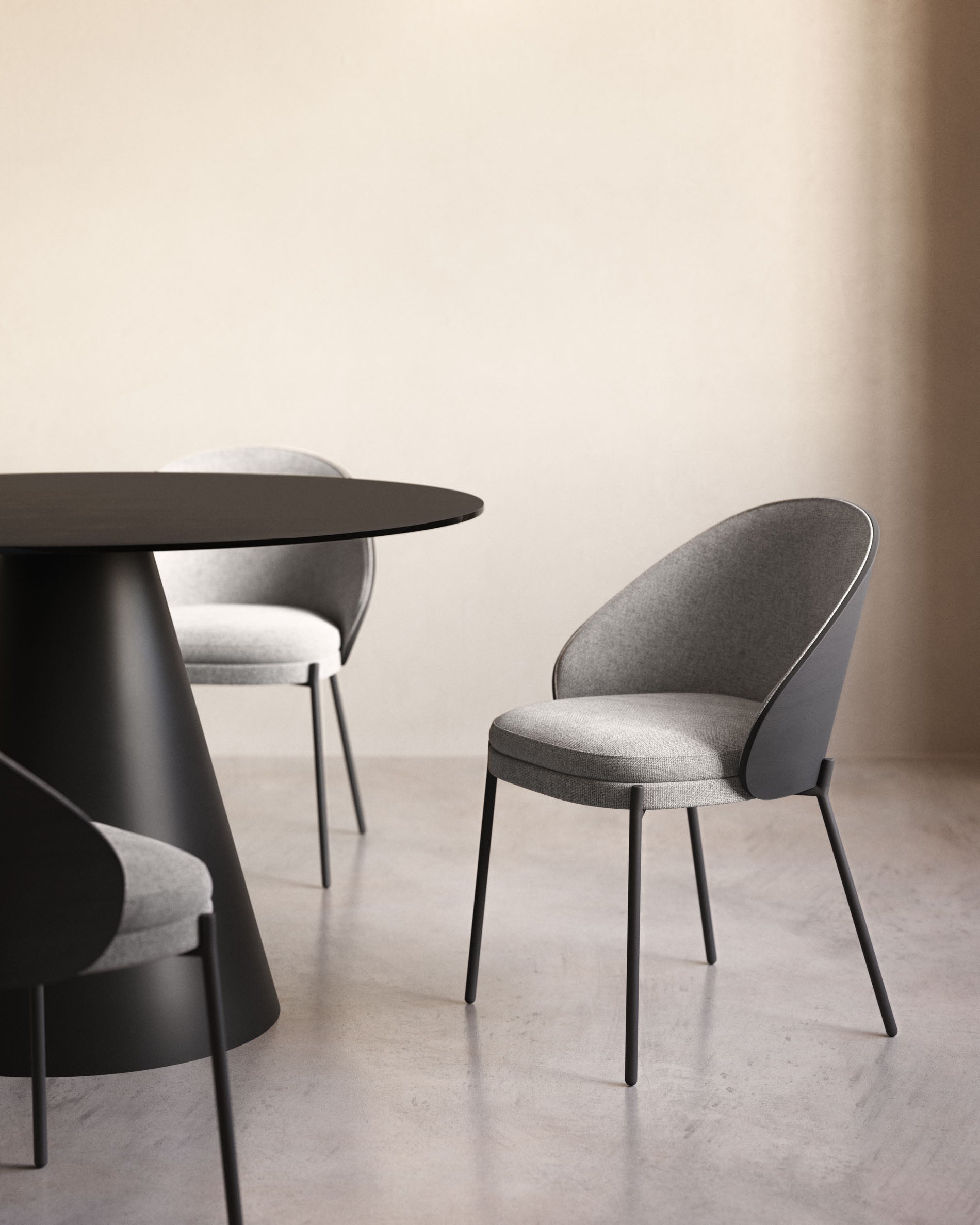 Eamy chair light grey chenilla and ash wood veneer with a black finish and black metal - Lifestyle
