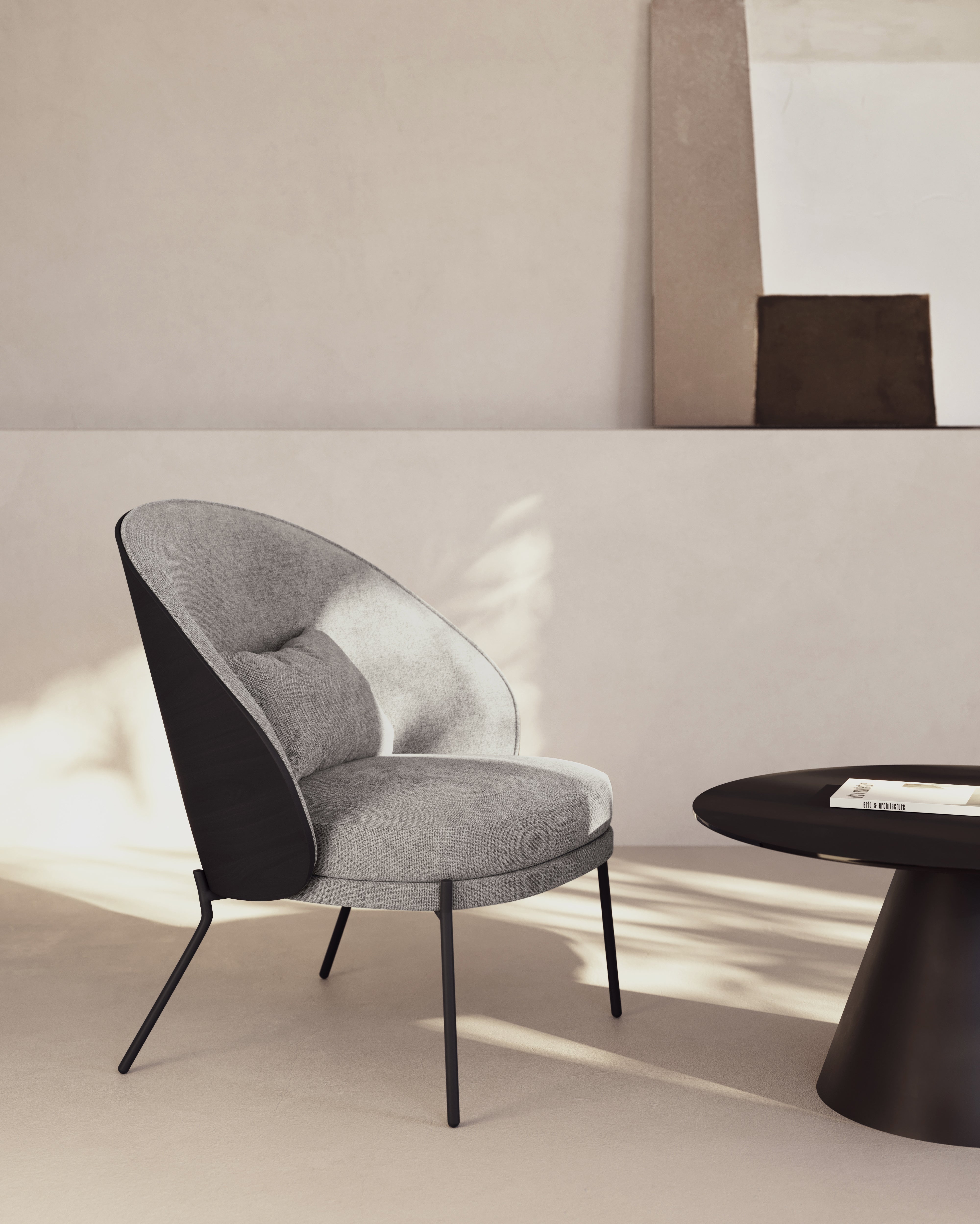 Eamy light grey armchair in an ash wood veneer with a black finish and black metal - Lifestyle