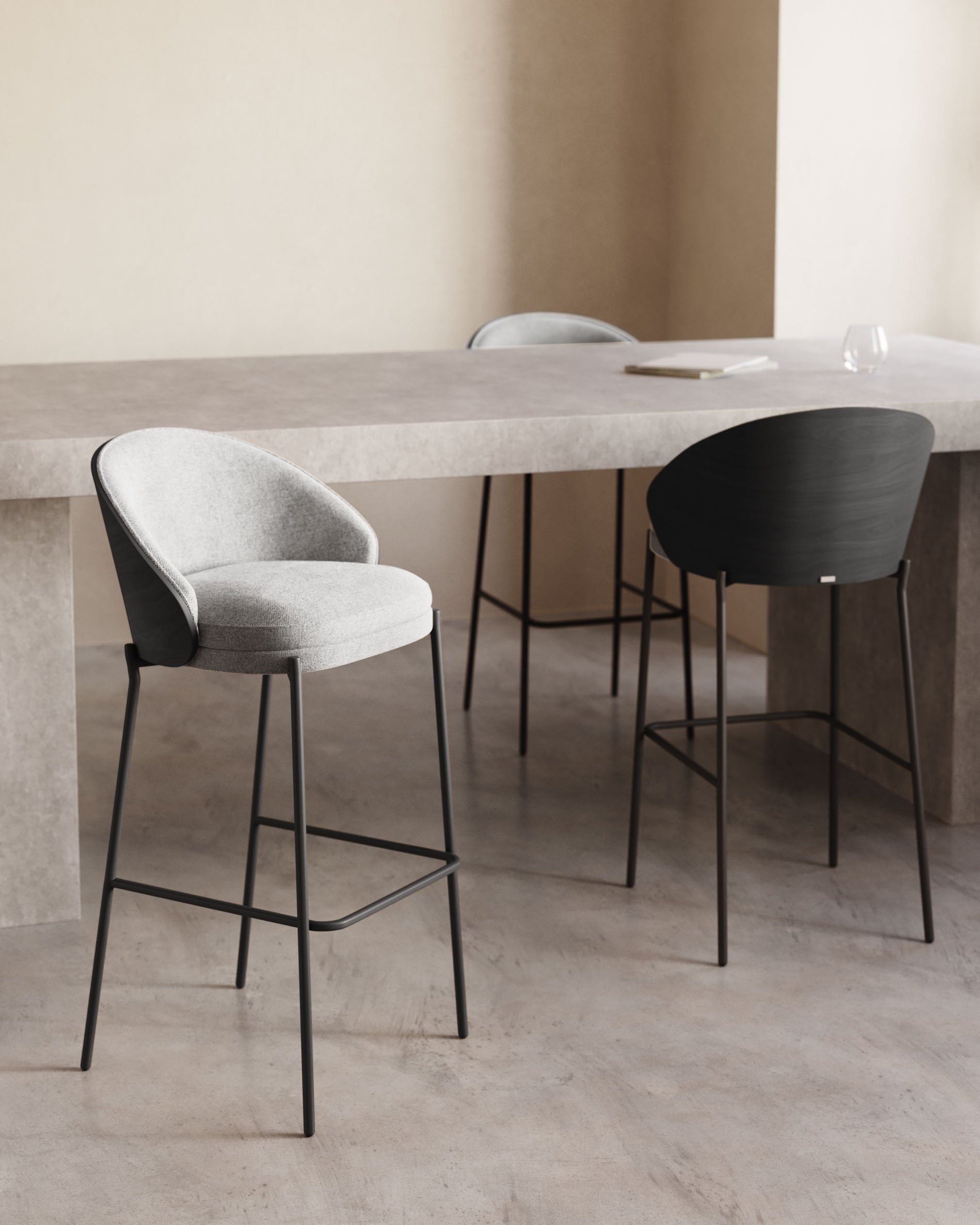 Eamy stool light grey chenille and ash wood veneer with a black finish and black metal, 77 cm - Lifestyle