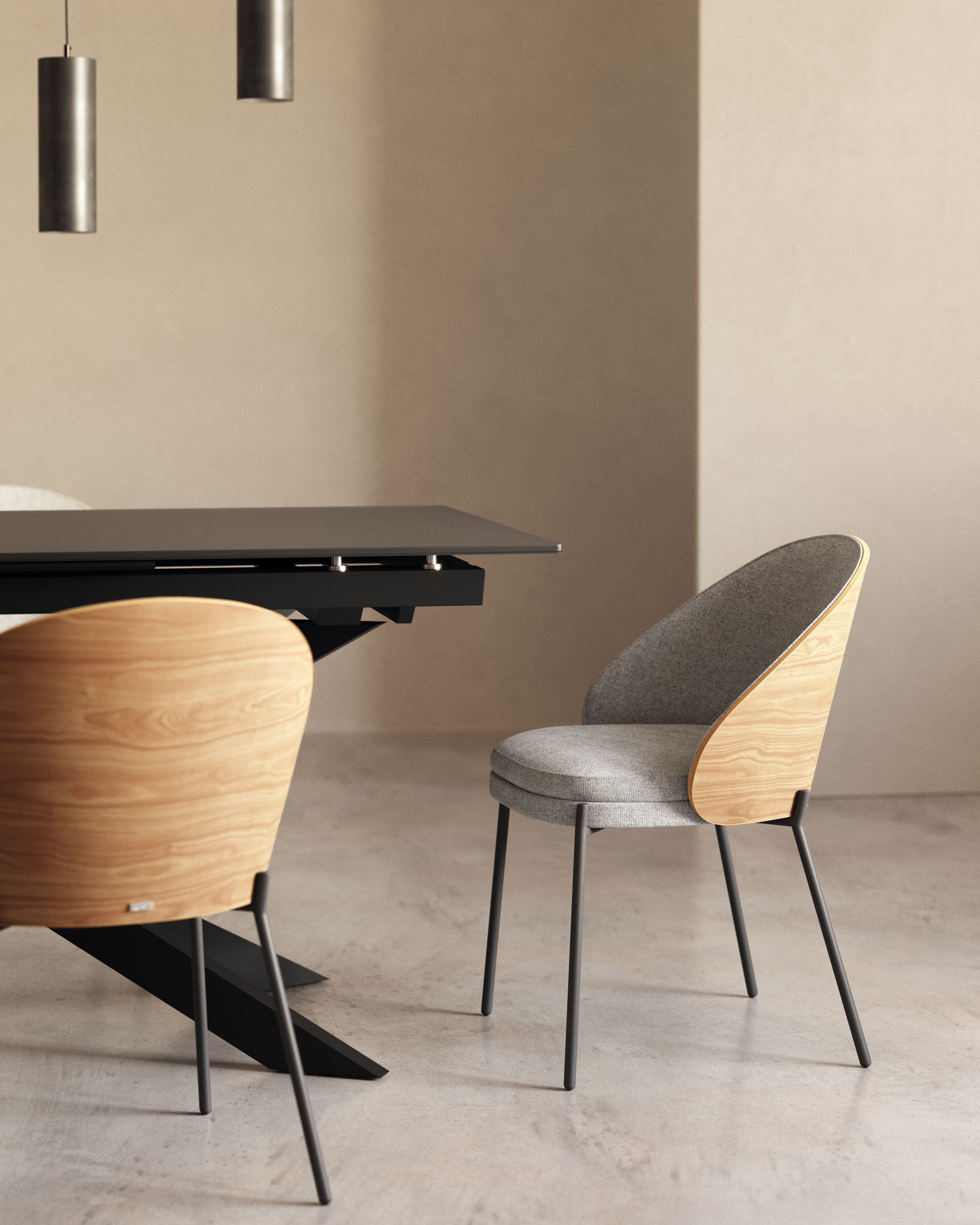 Eamy chair light grey chenille and ash wood veneer with a natural finish and black metal - Lifestyle